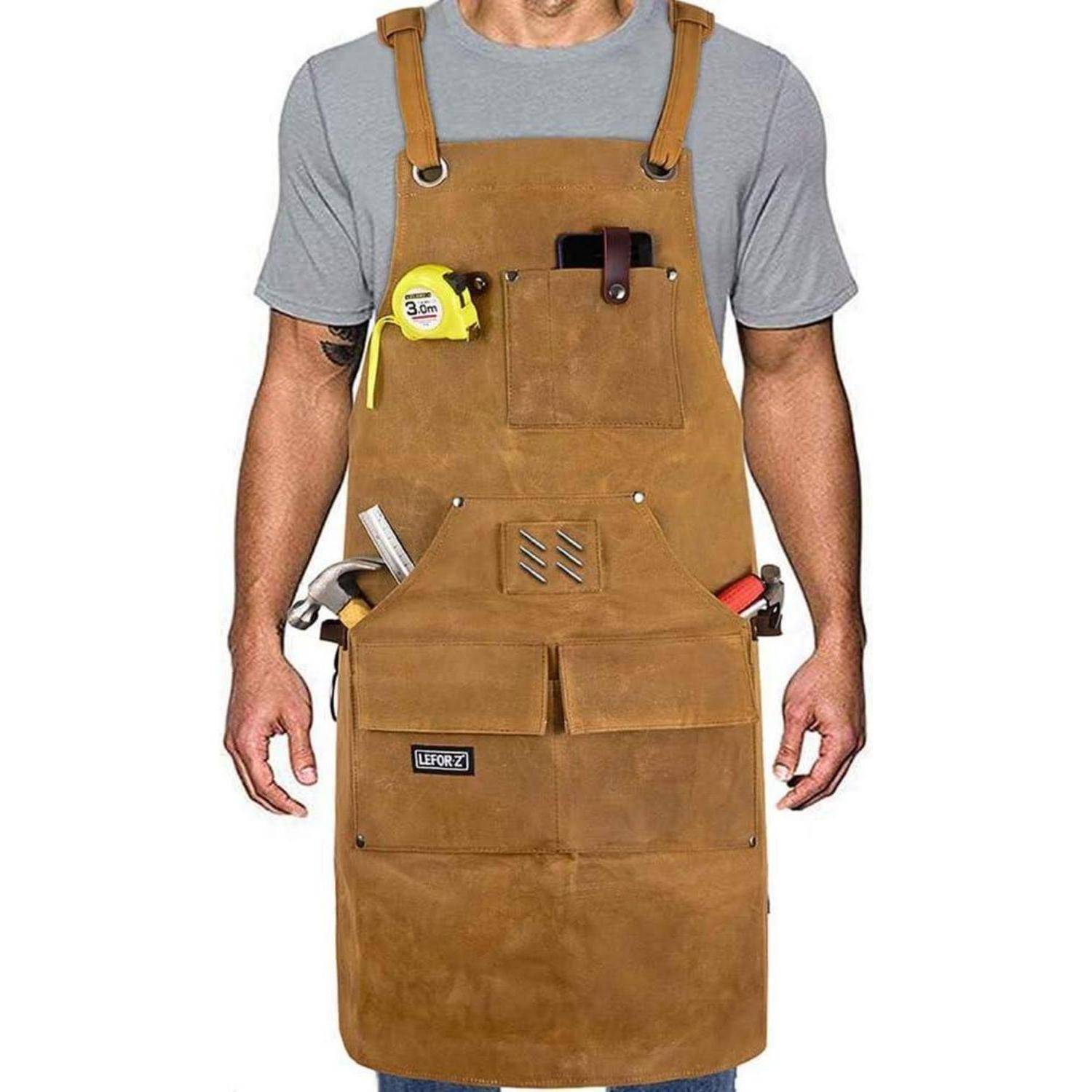 Arbeitsschürze Herren Schweißerschürze Rückengurte Braun-10 Taschen