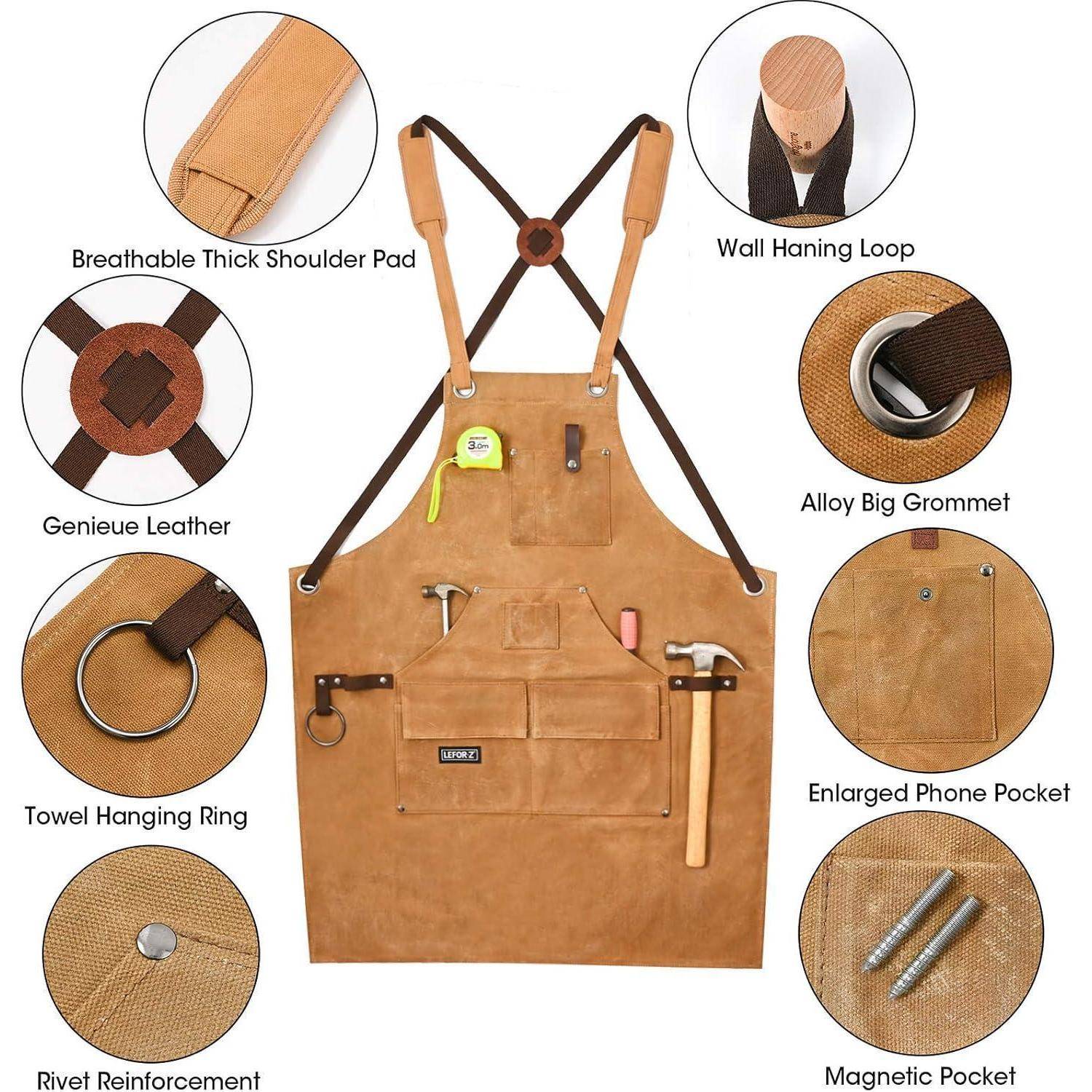 Arbeitsschürze Herren Schweißerschürze Rückengurte Braun-10 Taschen
