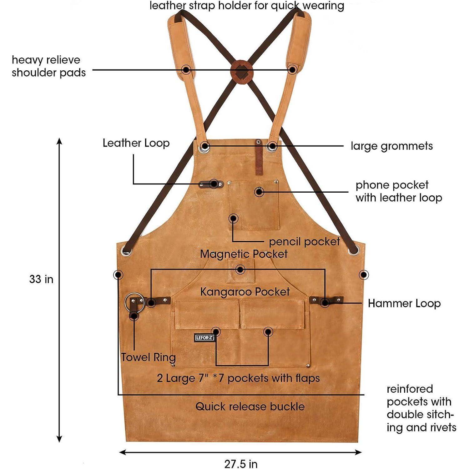 Arbeitsschürze Herren Schweißerschürze Rückengurte Braun-10 Taschen