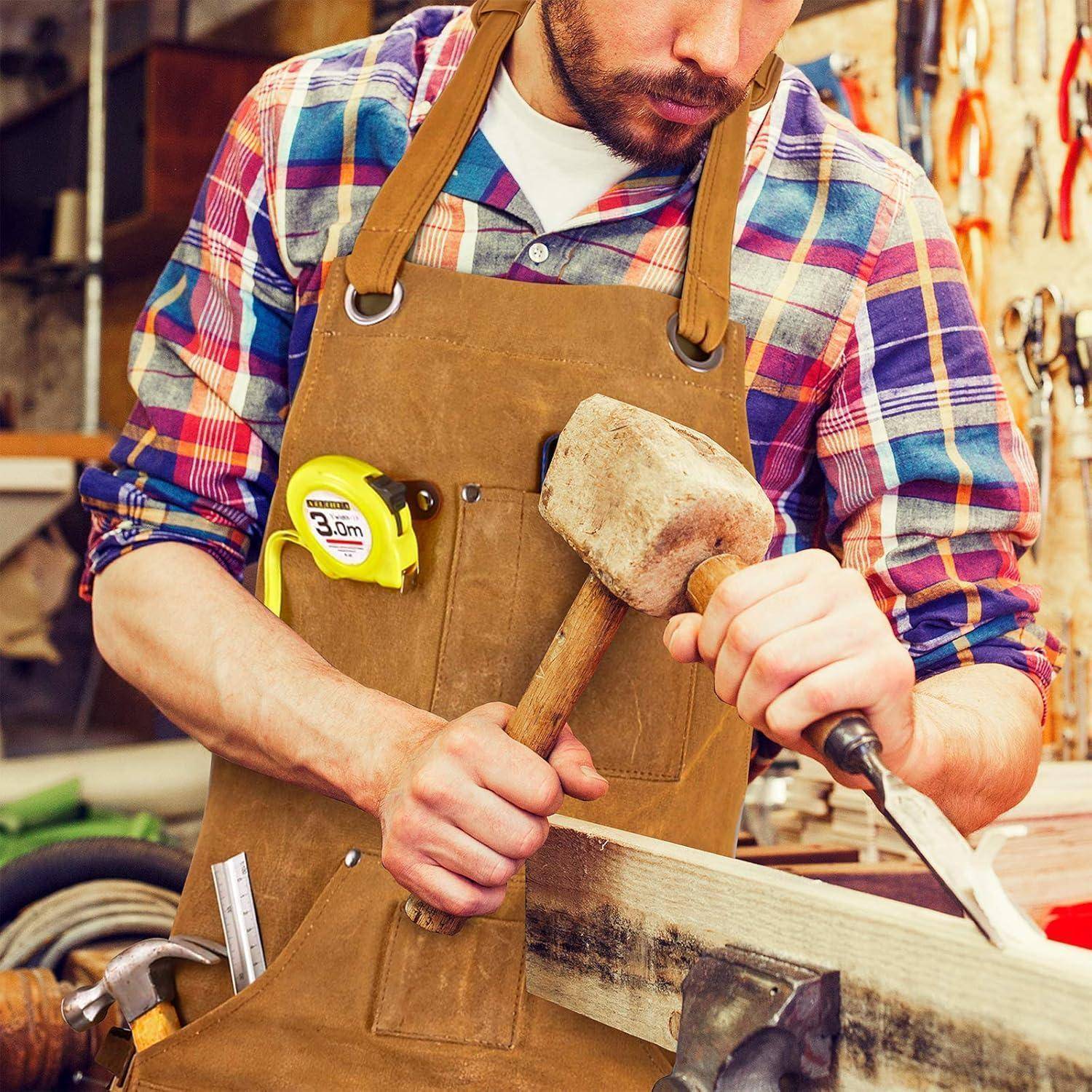 Arbeitsschürze Herren Schweißerschürze Rückengurte Braun-10 Taschen