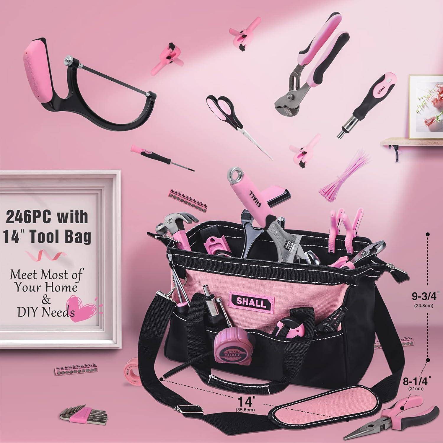 Ein rosa-schwarzes 246-teiliges Werkzeugset mit einer 14-Zoll-Tasche, ausgestattet mit Werkzeugen wie Zangen und Schraubschlüsseln. Text lautet: 