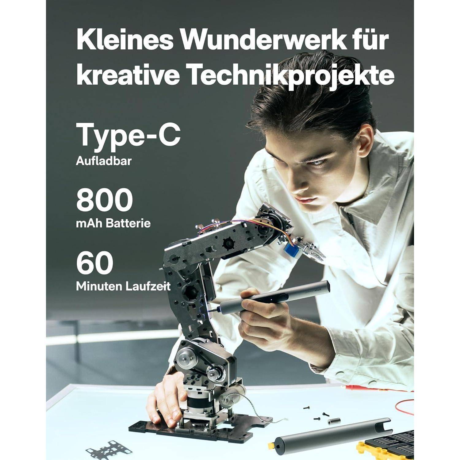 A person assembles a mechanical arm using tools. Text reads: 'Kleines Wunderwerk für kreative Technikprojekte. Type-C. Aufladbar. 800 mAh Batterie. 60 Minuten Laufzeit.