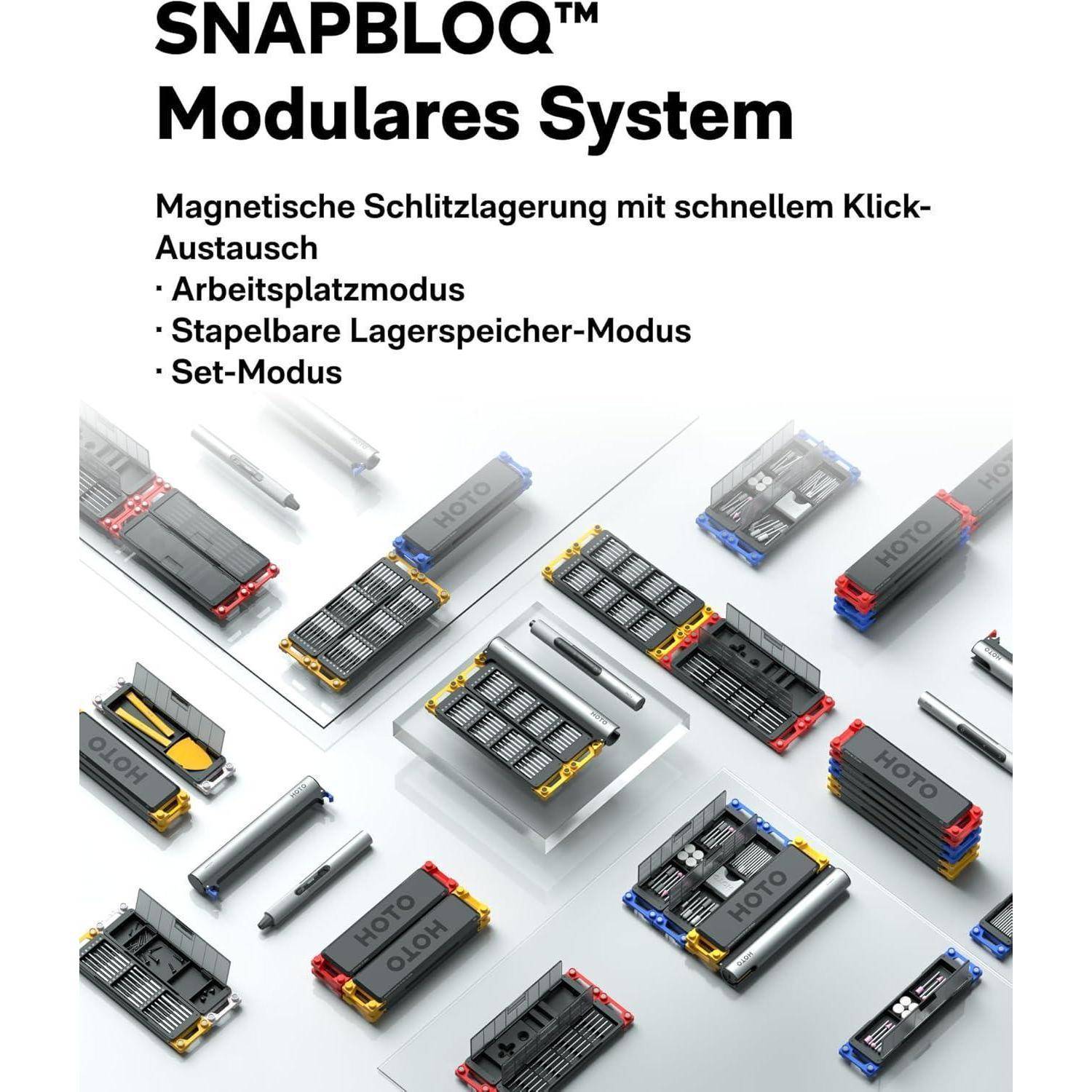 SNAPBLOQ Modulares System' Komponenten auf einem hellen Hintergrund dargestellt. Text beschreibt magnetische Steckplatz-Speicherung, schnelles Austauschen und verschiedene Modi.