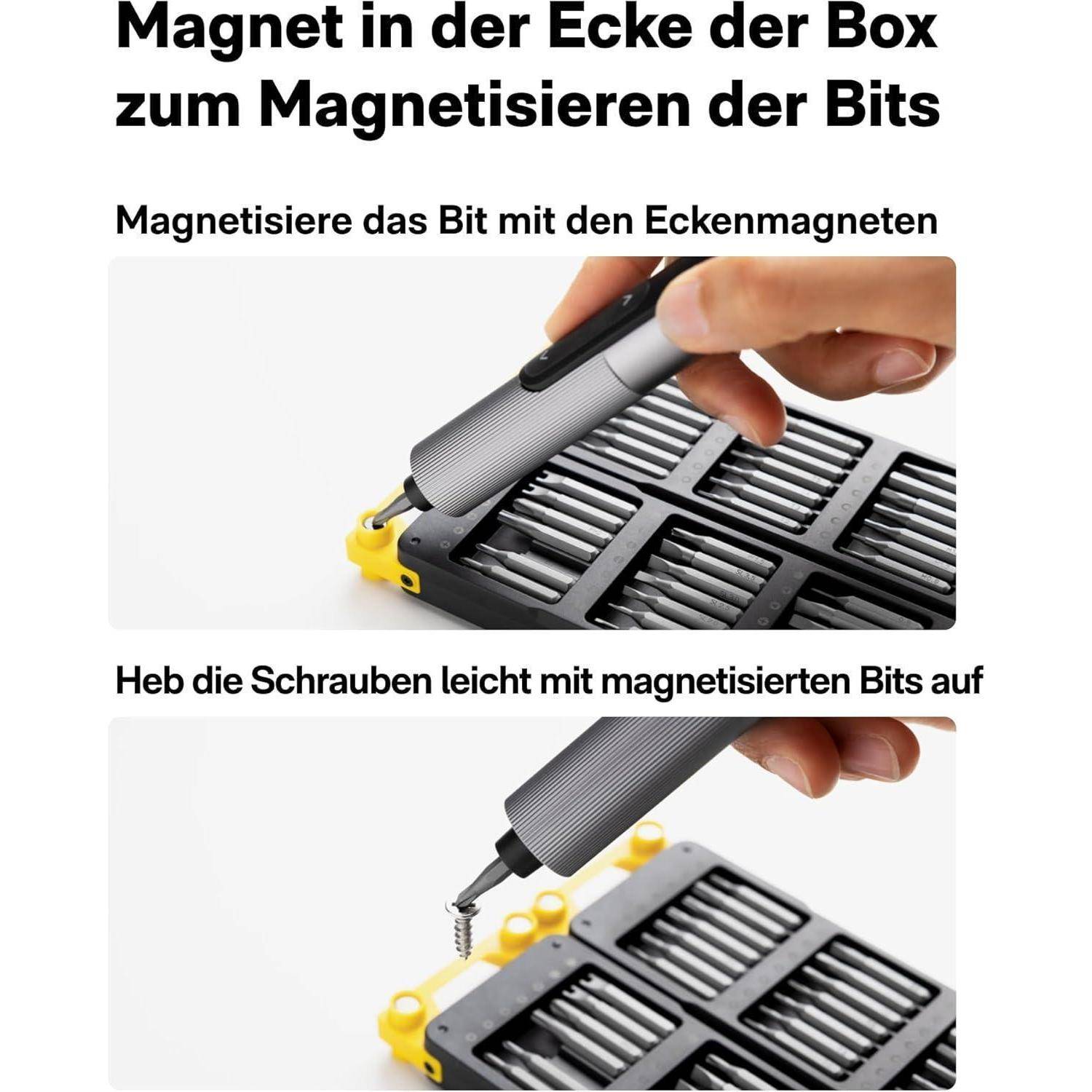 Magnet in der Ecke der Box zum Magnetisieren der Bits. Oberes Bild: Hand benutzt Werkzeug zum Magnetisieren eines Bits. Unteres Bild: Schrauben werden mit magnetisiertem Bit angehoben.