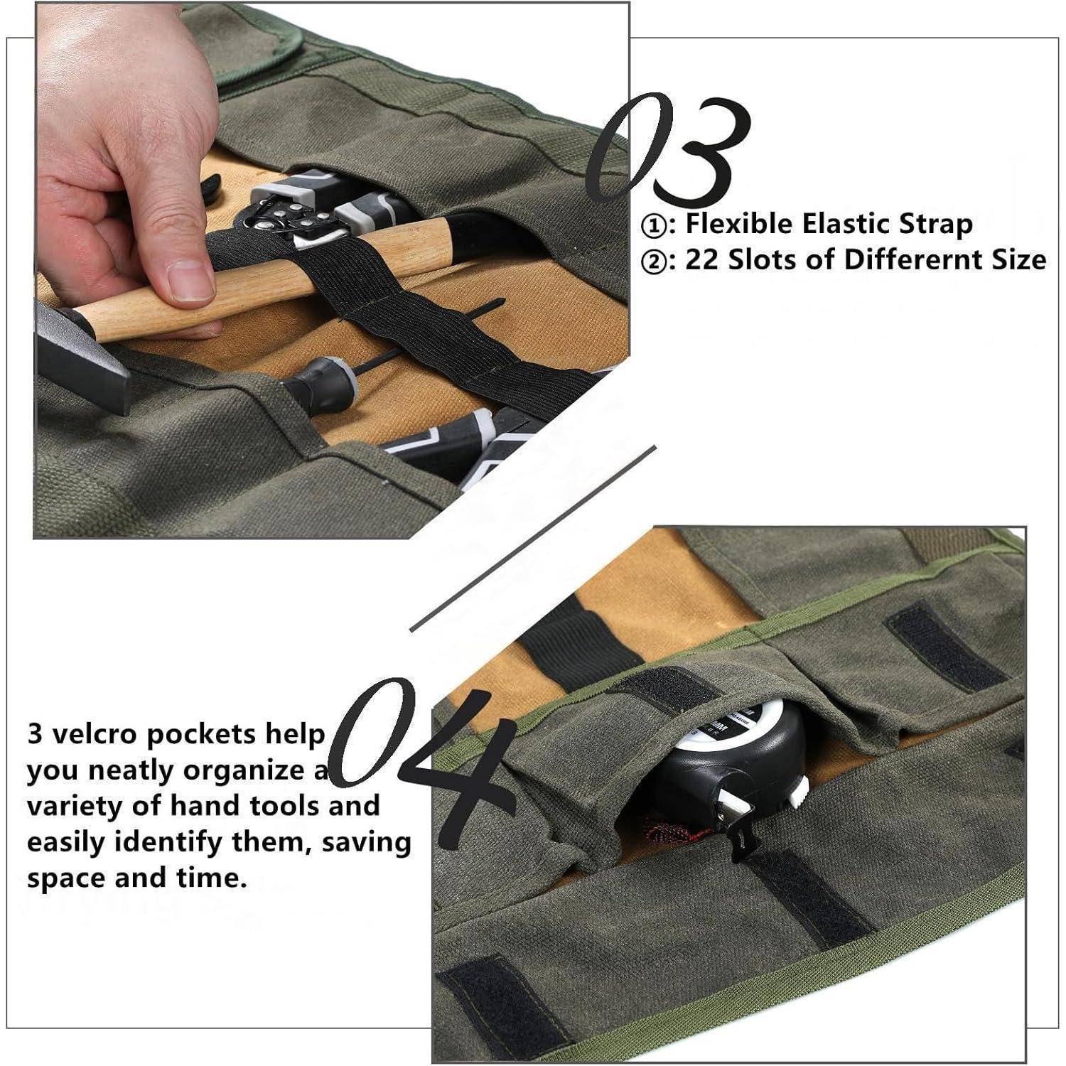Eine Werkzeugrolle mit flexiblen elastischen Riemen, 22 Fächern für verschiedene Größen und 3 Klettverschlusstaschen zur effizienten Organisation von Handwerkzeugen.