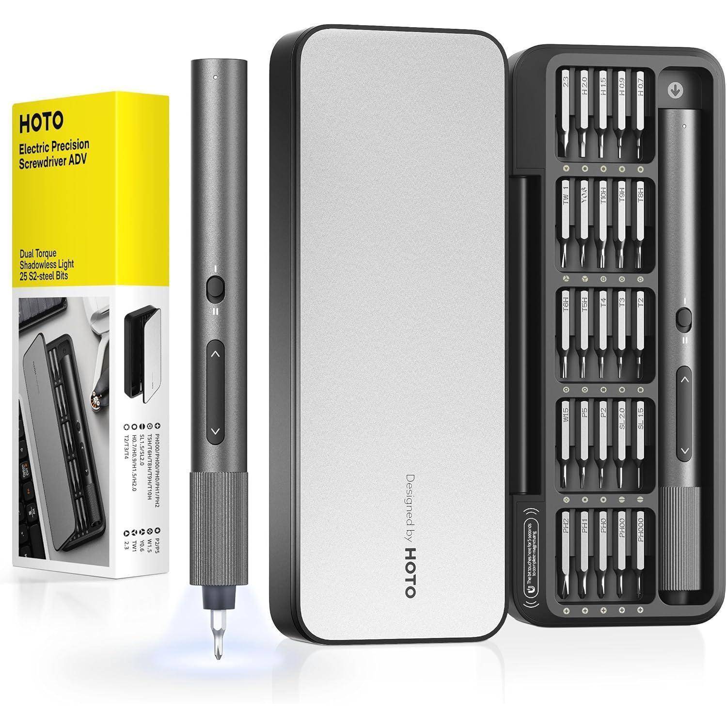 Ein 'HOTO Electric Precision Screwdriver' Set wird mit Verpackung präsentiert. Enthält einen eleganten, stiftförmigen Schraubendreher und einen Koffer mit verschiedenen Bits.