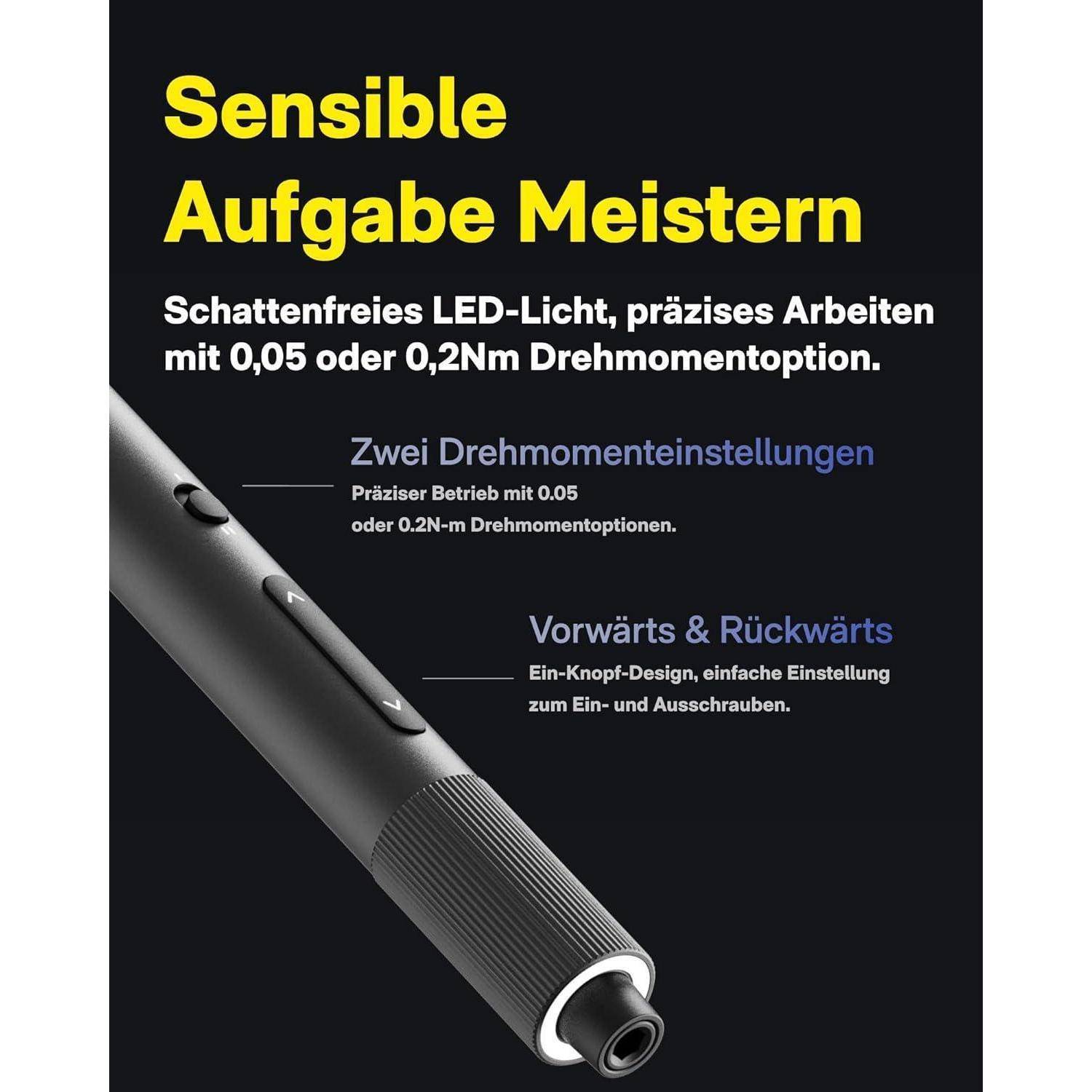 Ein Werbeprospekt für ein Gerät mit Hervorhebung von Merkmalen wie „schattenfreie LED-Beleuchtung