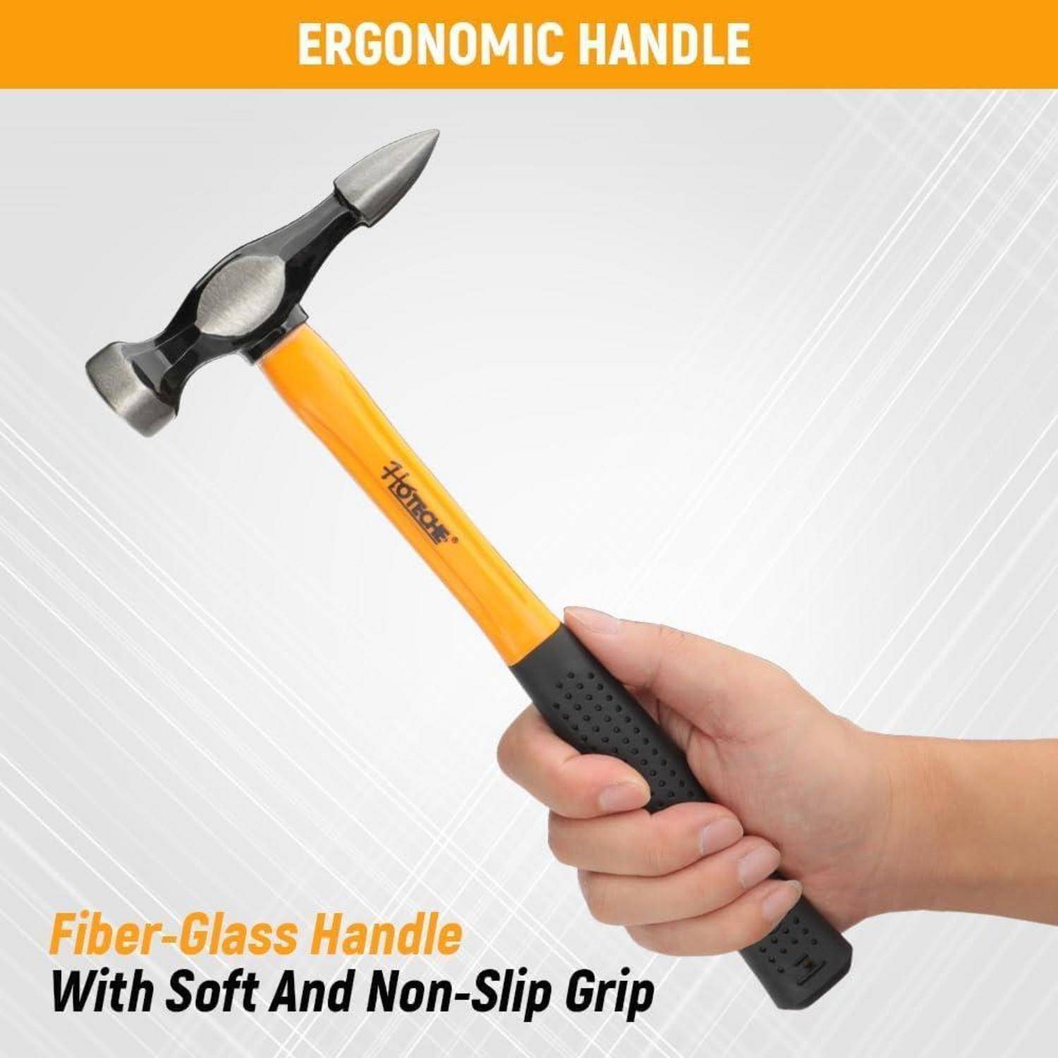 Hand, die einen Hammer mit einem ergonomischen Glasfasergriff mit einem weichen, rutschfesten Griff hält. Text lautet 