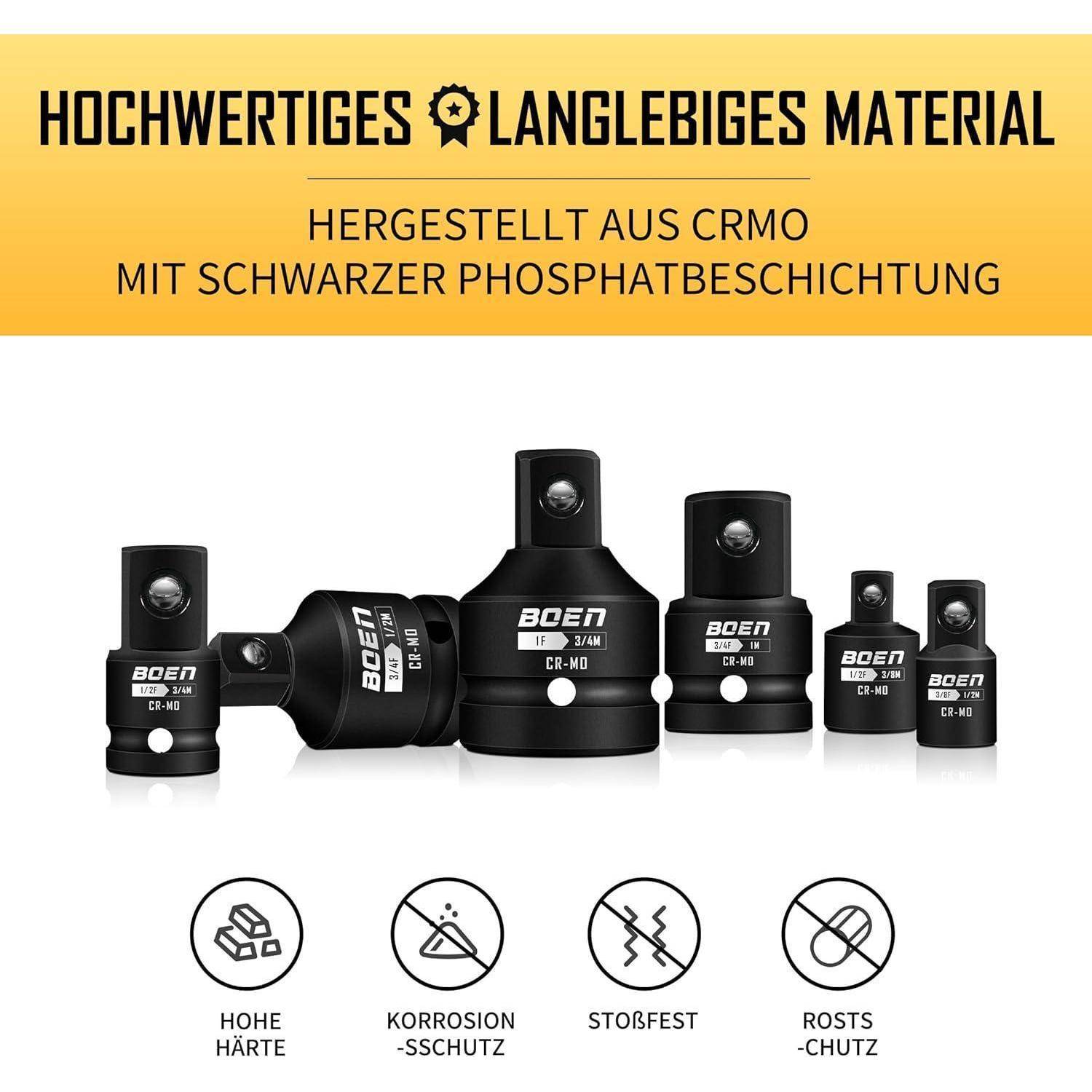 Ein Satz schwarzer CR-MO-Steckschlüssel mit schwarzer Phosphatbeschichtung wird vor einem gelben Hintergrund präsentiert, wobei Symbole für Haltbarkeit und Schutz hervorgehoben werden.