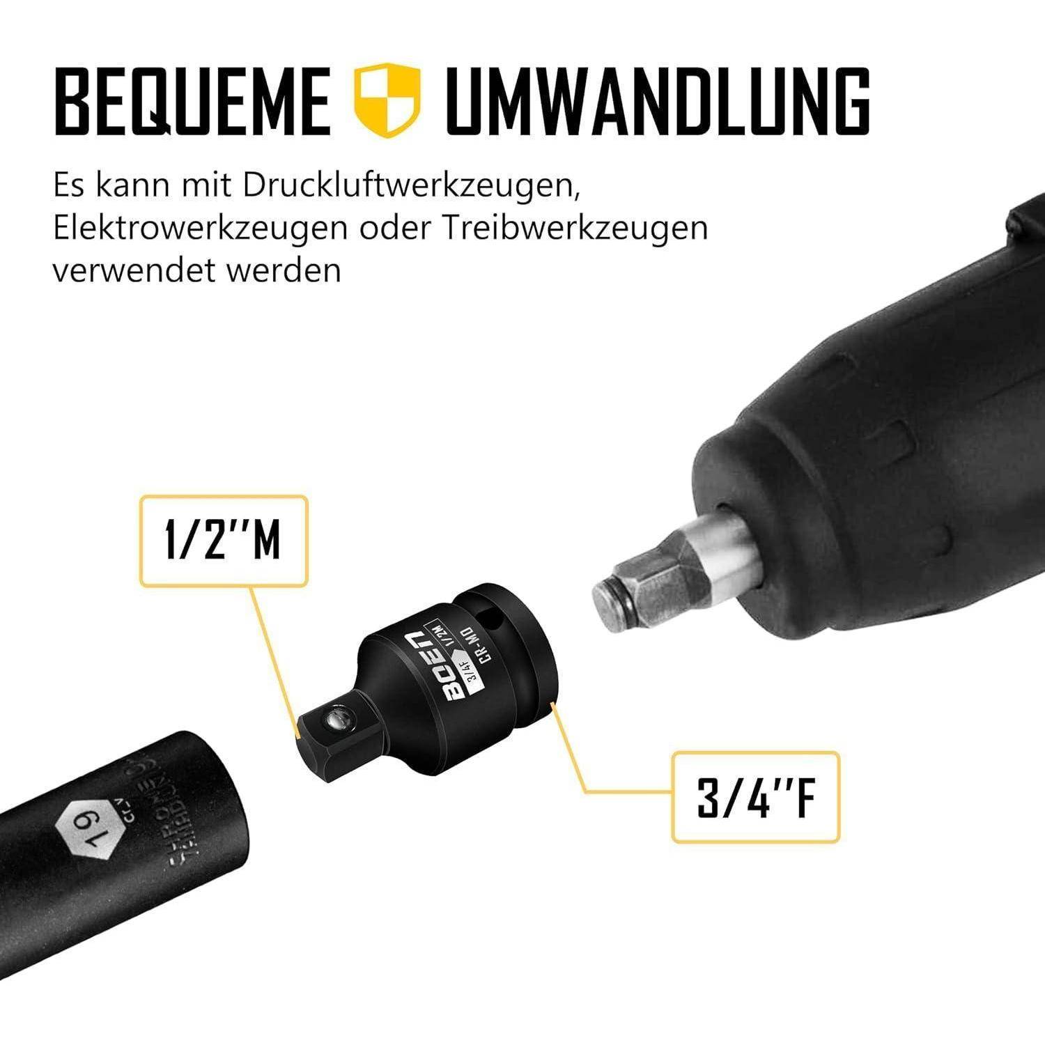 Das Bild zeigt einen Adapter zum Umwandeln eines 3/4-Zoll-Antriebs in einen 1/2-Zoll-Antrieb, der für die Verwendung mit Luft- oder Elektrowerkzeugen geeignet ist.