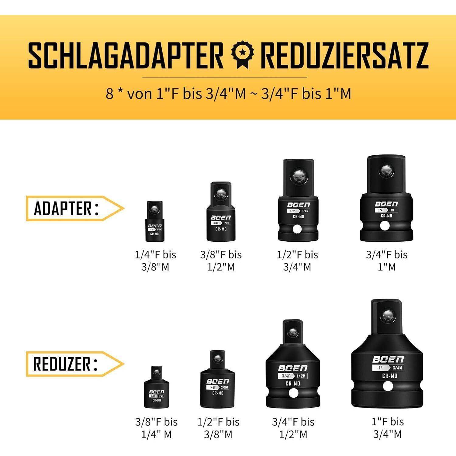 Schlagadapter Set 1/4 3/8 1/2 3/4 Stecknuss Chrom Molybdän Schwarz 8pc