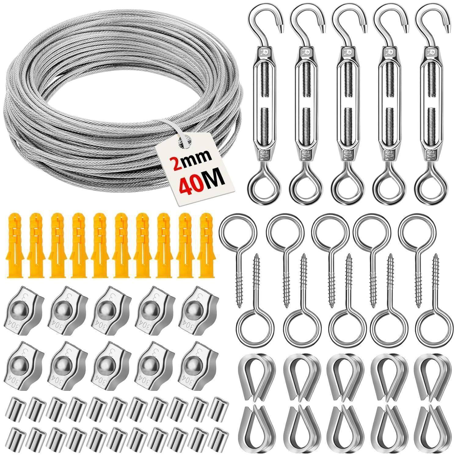 Drahtseil 40m 2mm 304 Edelstahl Ummantelt Ösen Garnitur gss2mm
