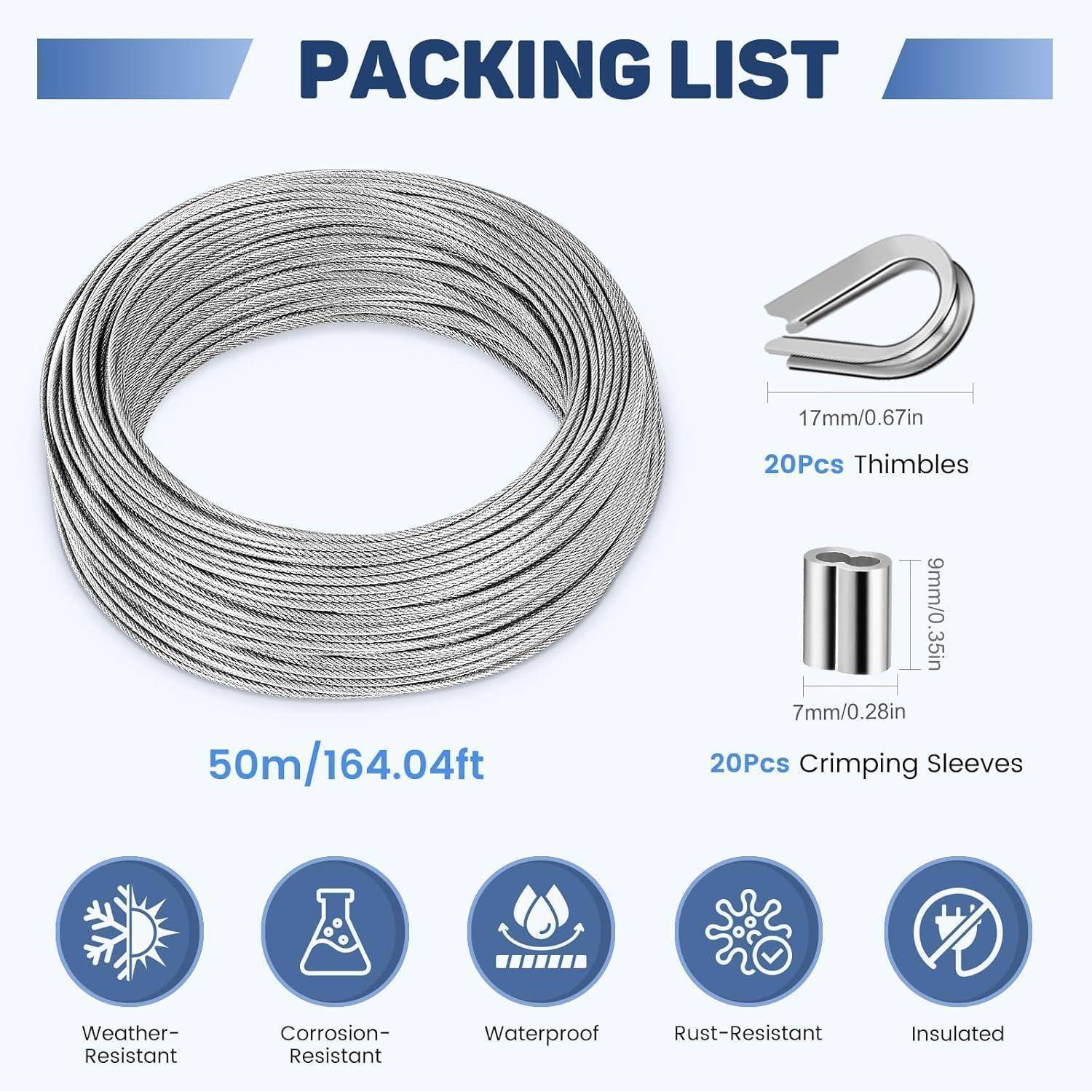 Drahtseil 2mm 50m Edelstahl304 Kauschen Crimphülsen GSS-50m