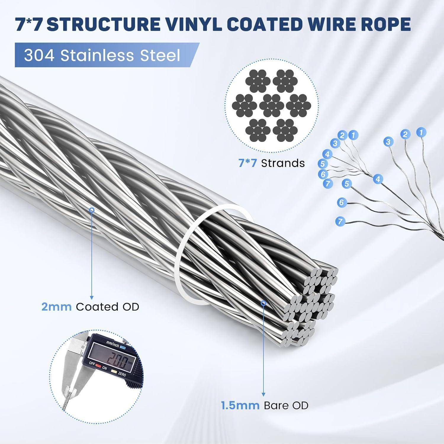 7x7 Struktur Vinyl beschichtetes Drahtseil, besteht aus 304 Edelstahl, 7 Strängen; 2 mm beschichteter Außendurchmesser, 1,5 mm blanker Kern, mit Mikrometer.
