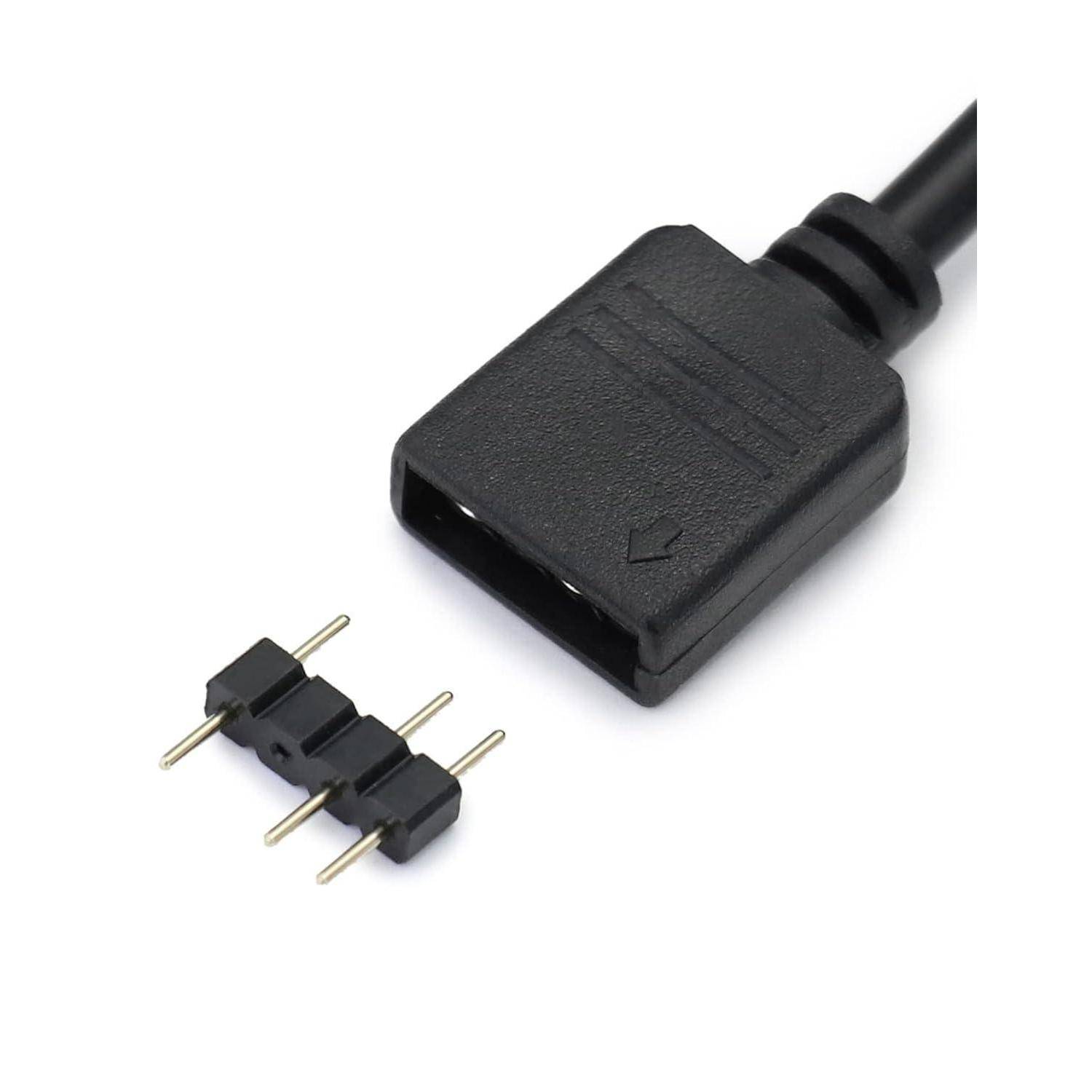 Ein schwarzes 4-Pin-Adapterkabel neben einem passenden männlichen Header mit drei hervorstehenden Metallstiften, verwendet für Computerverbindungen.