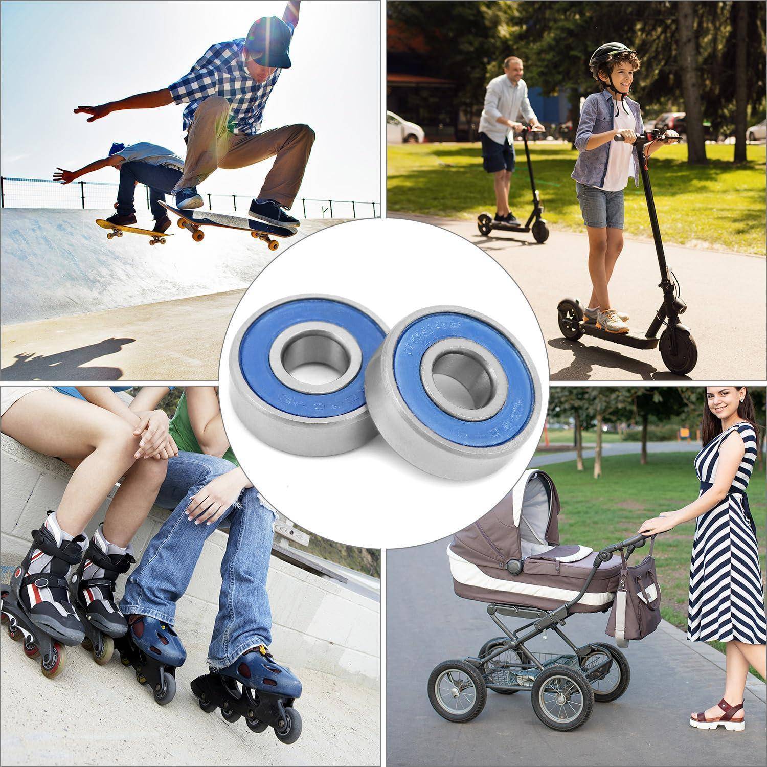Zusammengesetztes Bild von Menschen, die Skateboards, Roller und Inlineskates im Freien nutzen, mit einer Detailaufnahme von einem Lagerpaar in der Mitte.