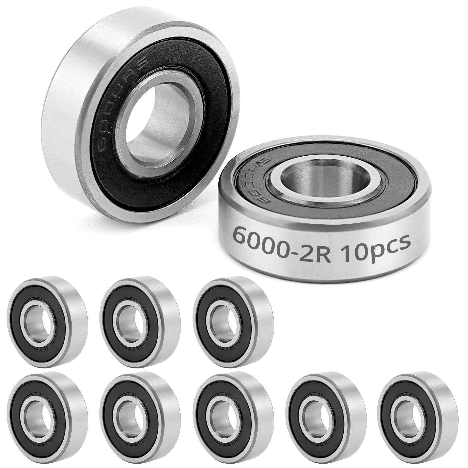 6000-2R 10 Stück' Kugellager mit Metallkanten und einem schwarzen Innenring, präsentiert mit einem gekippten Lager und anderen darunter ausgerichtet.