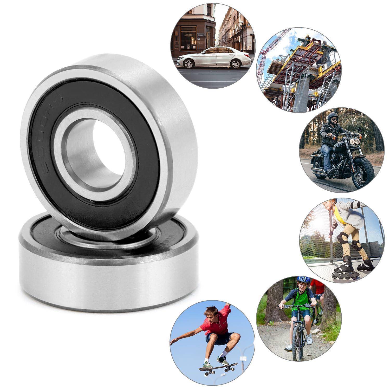 Metallkugellager, zentral dargestellt, umgeben von kleinen kreisförmigen Bildern von Anwendungen: Autos, Kräne, Motorräder, Inlineskates, Skateboards und Fahrräder, was die Vielseitigkeit zeigt.