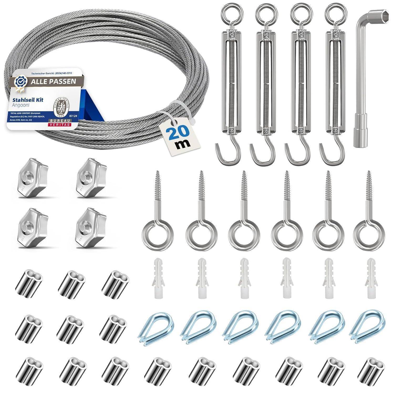 Drahtstahlset für den Bau umfasst 20m Draht, Spanner, Augenschrauben, Muttern und Anker, geeignet für verschiedene Installationen.