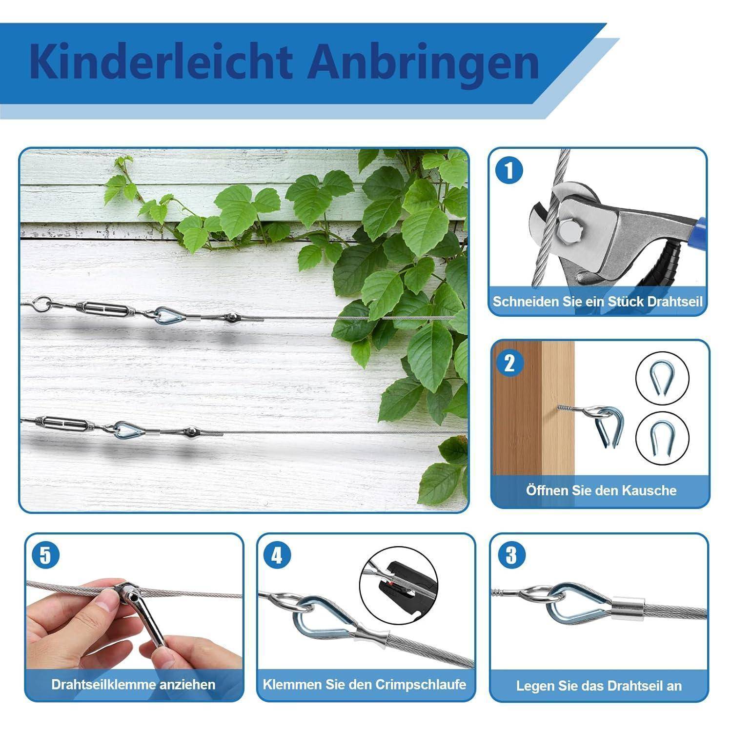 Drahtseil 3mm Edelstahl M5 Spannschloss Seilspanner Set 41