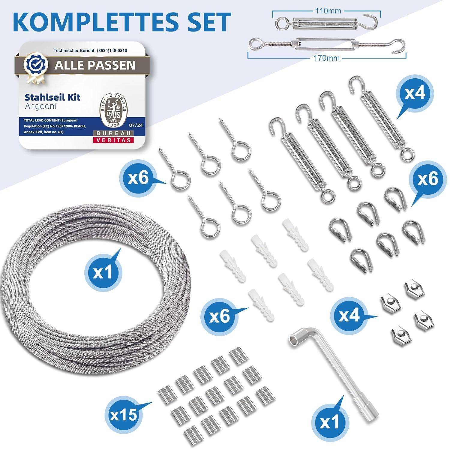 Komplettes Set Stahlseilkit mit Haken, Spannern, Schrauben und Kabel, nützlich für Hänginstallationen, inklusive Größendetails.