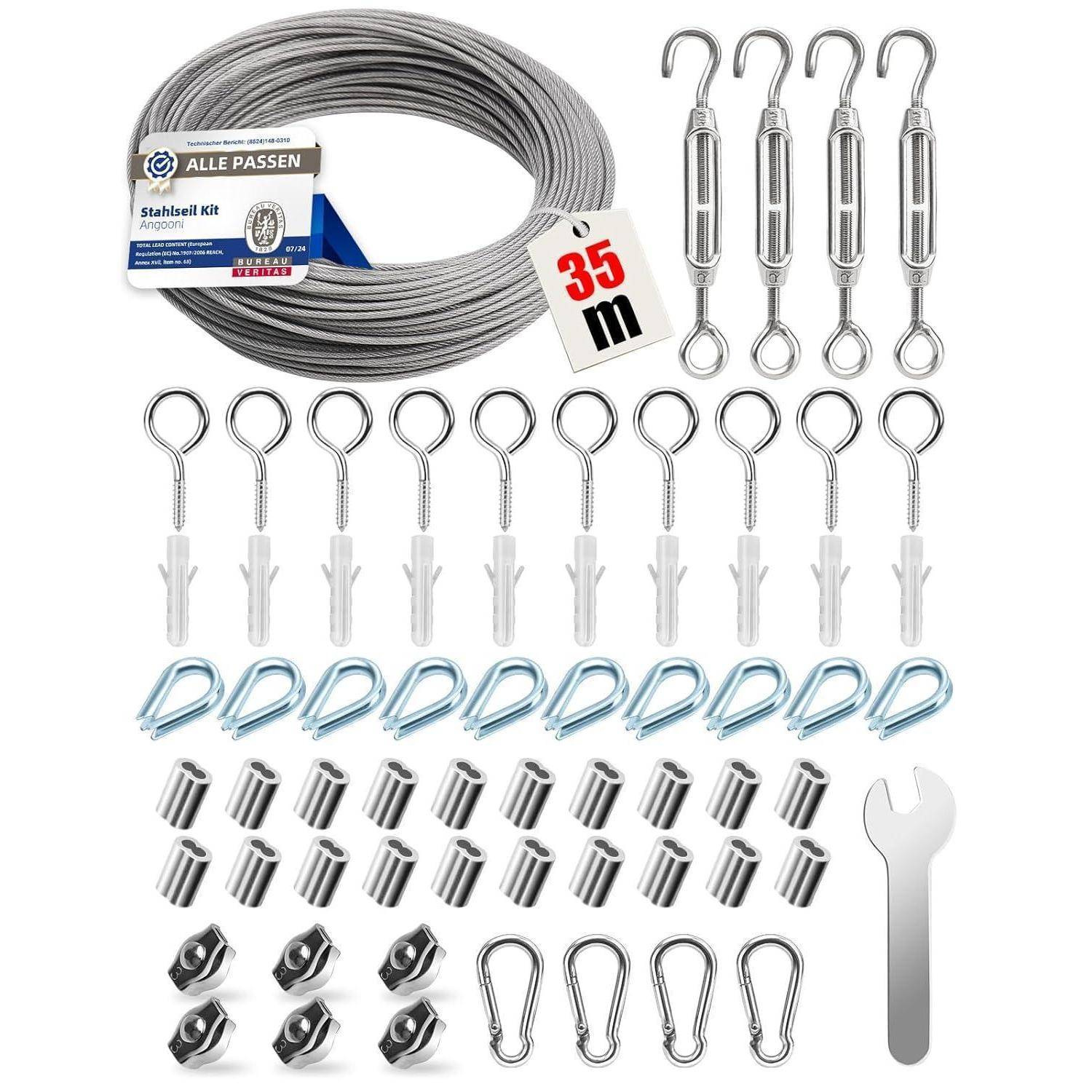 35m Kabel-Set' mit Stahlseil, Spannschlössern, Augenschrauben, Wandankern, Clips, Karabinerhaken und Schraubenschlüssel zur Installation oder Konstruktion.