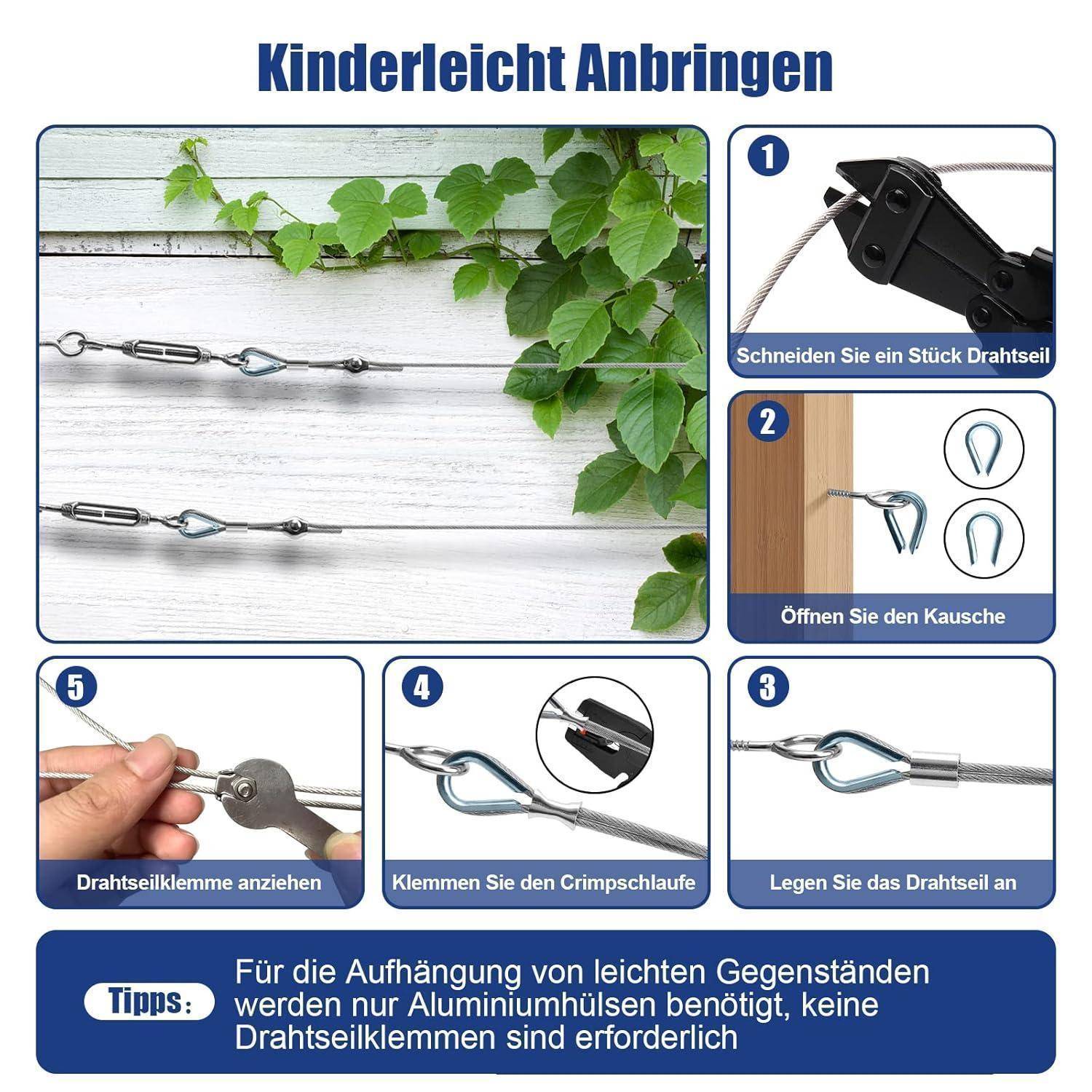 Anleitung für die Montage von Kabelspannern, mit nummerierten Schritten: Kabel schneiden, Pressklemmen öffnen, Klemme festziehen, crimpen, Kabel einlegen.