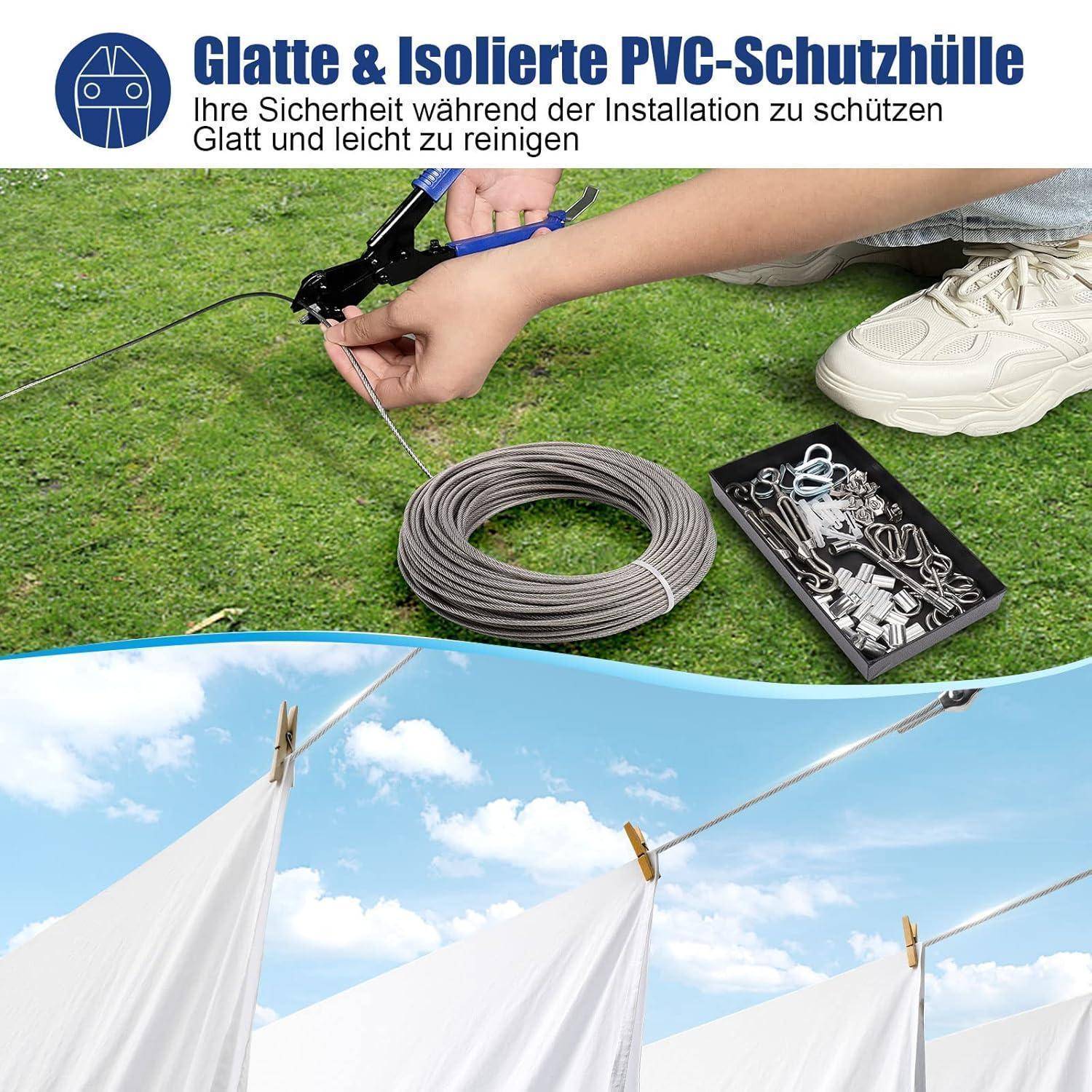 Eine Person verwendet ein Werkzeug, um eine Leitung im Gras zu installieren. Text liest sich: 'Glatte & Isolierte PVC-Schutzhülle', was Schutz durch eine PVC-Hülle anzeigt.