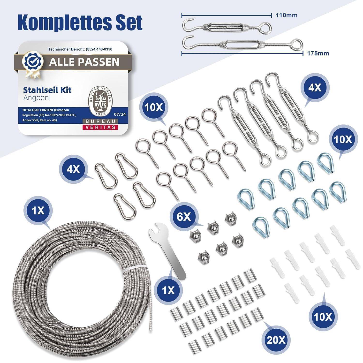 Komplettes Set: Stahlkabelsatz mit Wendungen, Haken, Schrauben, Ferrules und Installationswerkzeugen; Kabel ist 175mm/110mm. Umfasst 75 Teile.