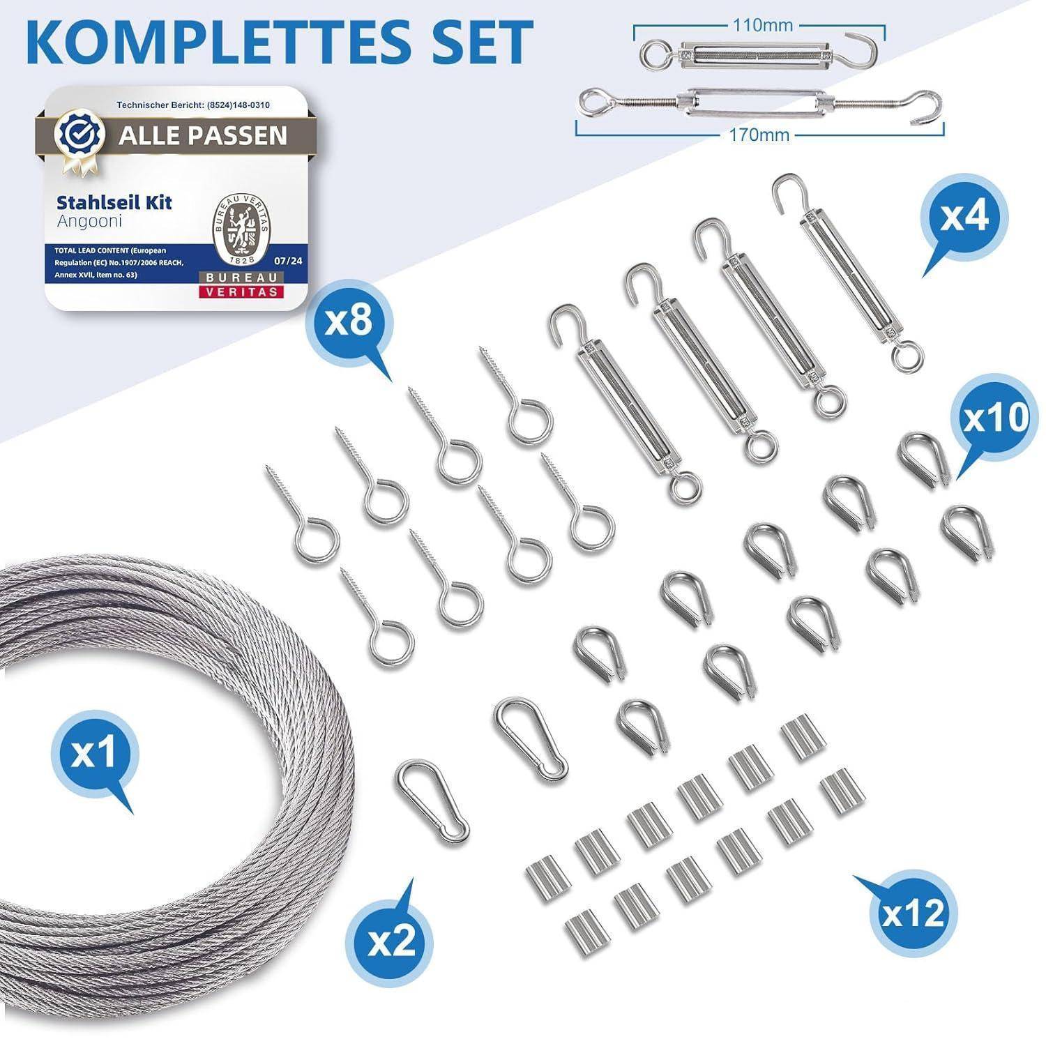 Stahlseil Set 35m 3mm M5 Seilspanner Spannschloss Ösen 37