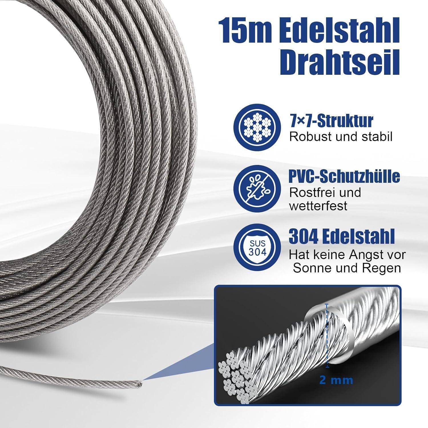 Gewundenes Edelstahldrahtseil, 15m Länge, 7x7 Struktur, robust und langlebig. PVC-Ummantelung, rostbeständig, witterungsresistent. Edelstahl 304, 2mm dick.