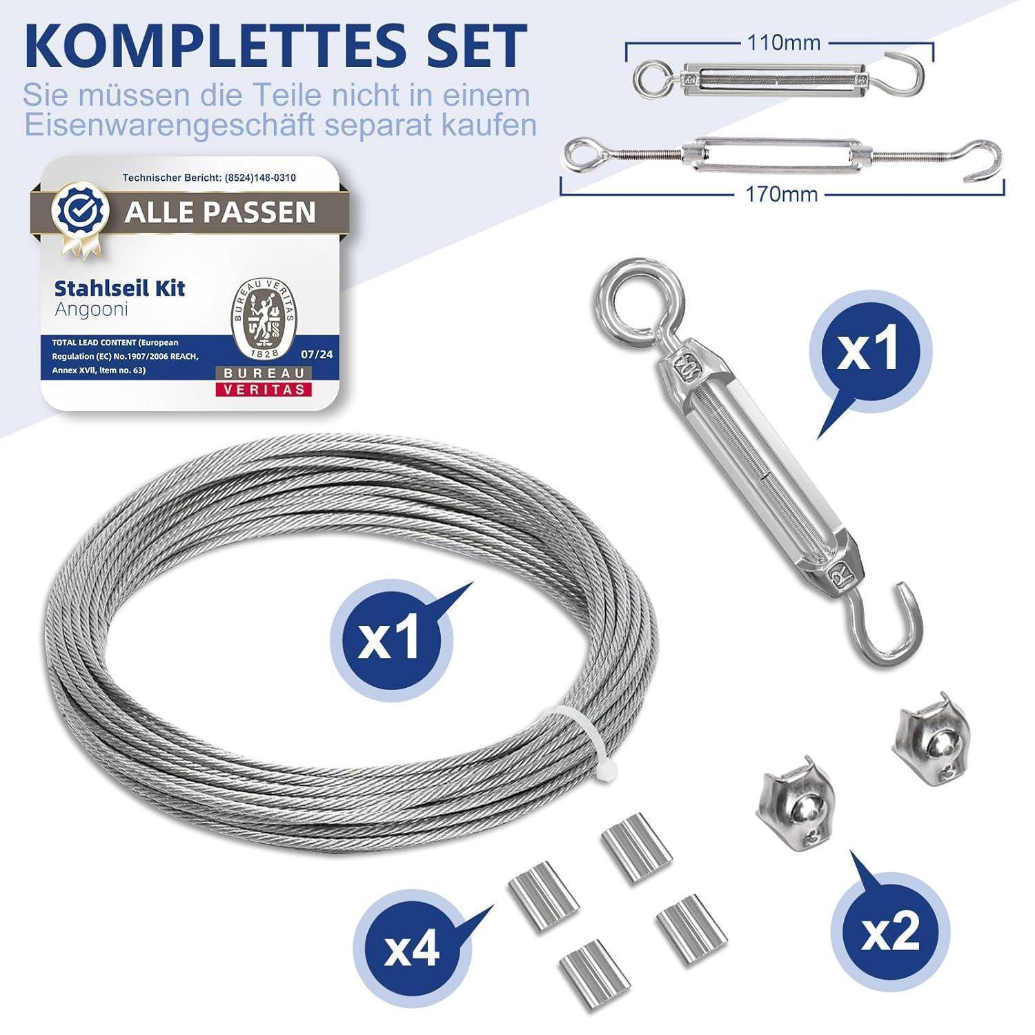 Komplettes Set Bild mit Stahlseillösung, bestehend aus: 1 Seil, 1 Spannschraube, 2 Drahtseilklemmen, 4 Presshülsen.