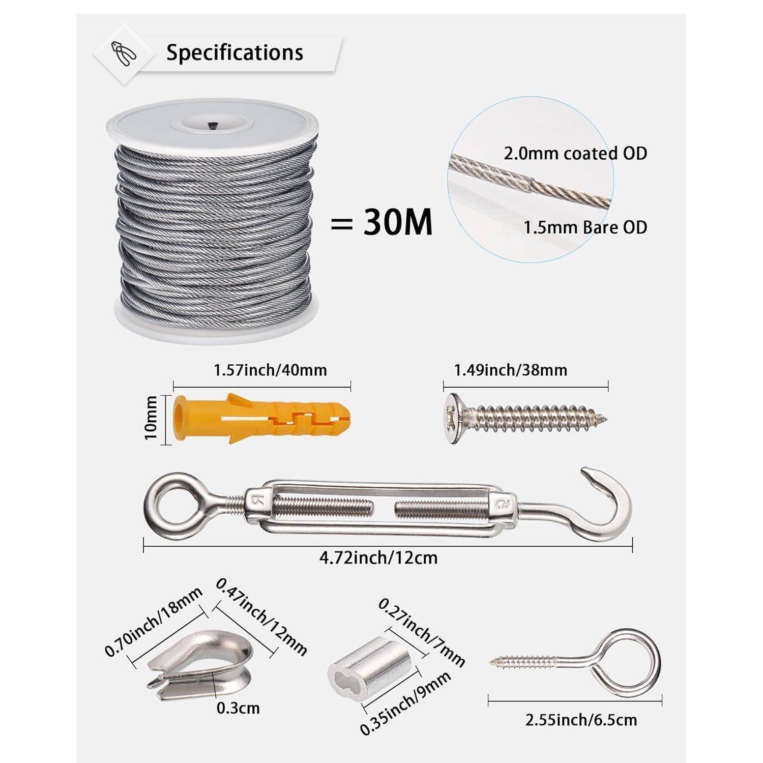 Details zum beschichteten Kabelset: 2,0 mm Außendurchmesser, Kabellänge 30 m. Enthält Wandstecker, Schrauben, Haken und Aluminium-Crimpschellen mit Abmessungen.