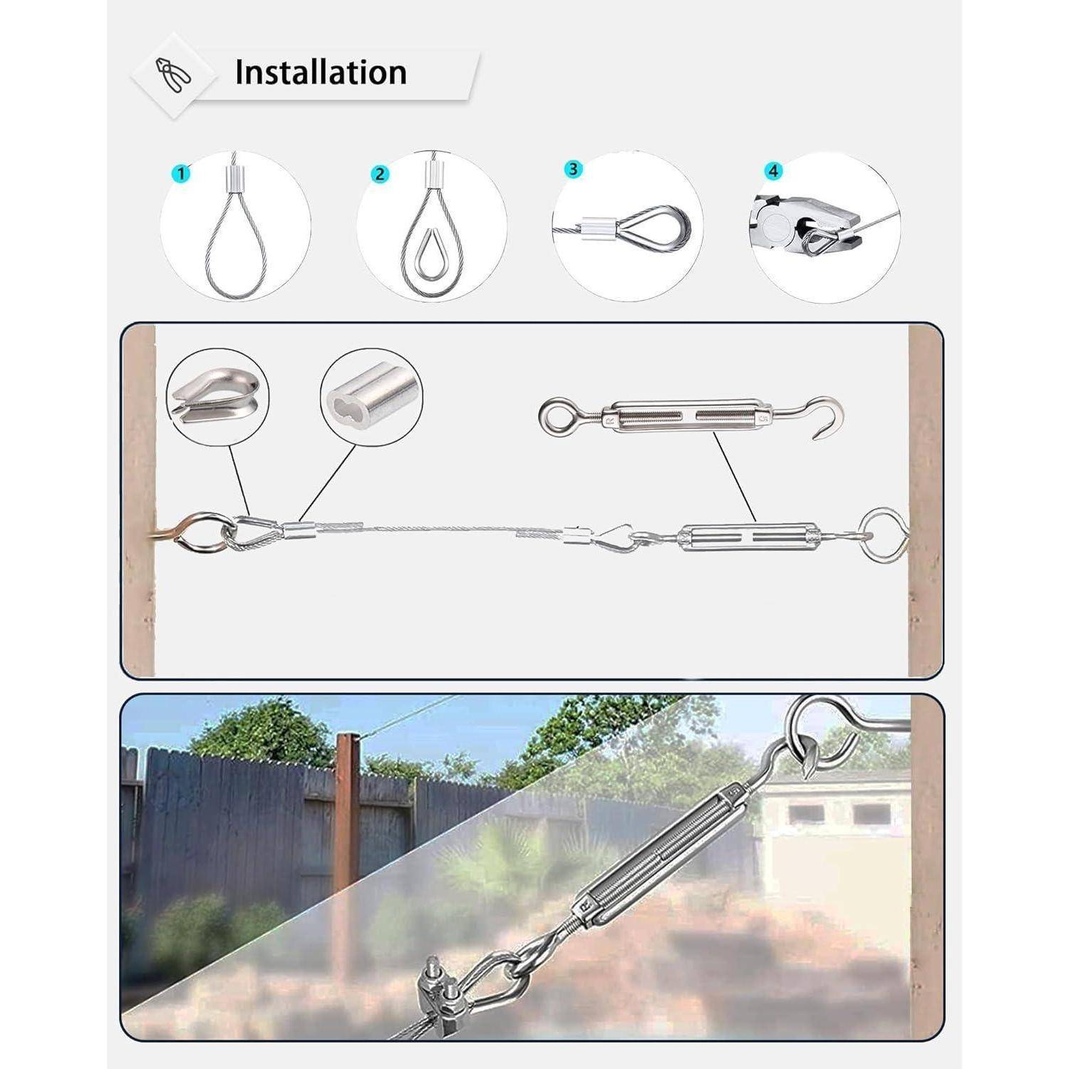 Installationsdiagramm für die Drahtbefestigung: zeigt Schritte zum Anbringen des Drahts mit Hilfe eines Spannschlosses und Haken, dargestellt in einer Gartenumgebung.