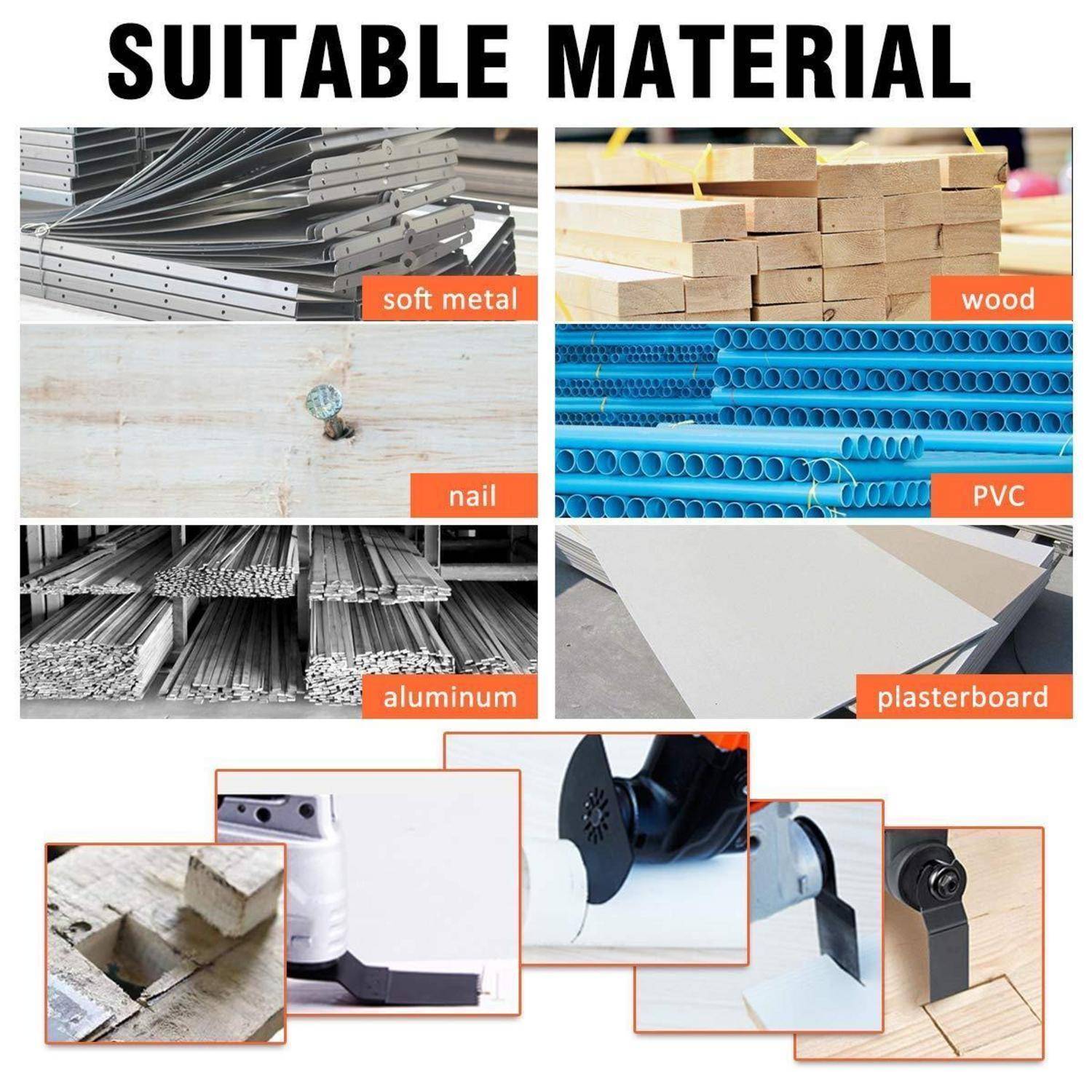 Bild mit Materialien, die als geeignet gekennzeichnet sind: Weichmetall, Holz, Nagel, PVC, Aluminium, Gipskarton, mit entsprechenden visuellen Beispielen.