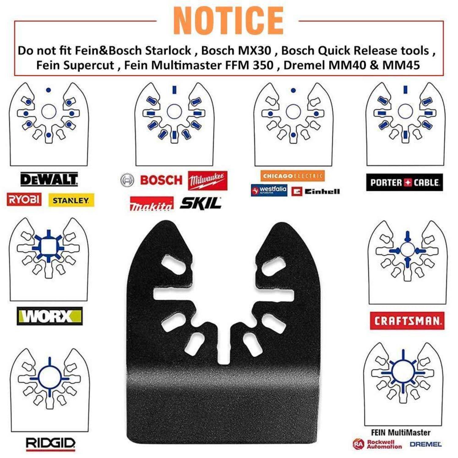 HINWEIS: Nicht für Fein & Bosch Starlock, Bosch MX30, Bosch Quick Release Werkzeuge, Fein Supercut, Fein Multimaster FFM 350, Dremel MM40 & MM45 verwenden.' Markenlogogos zeigen Dewalt, Bosch, Chicago Electric und andere.