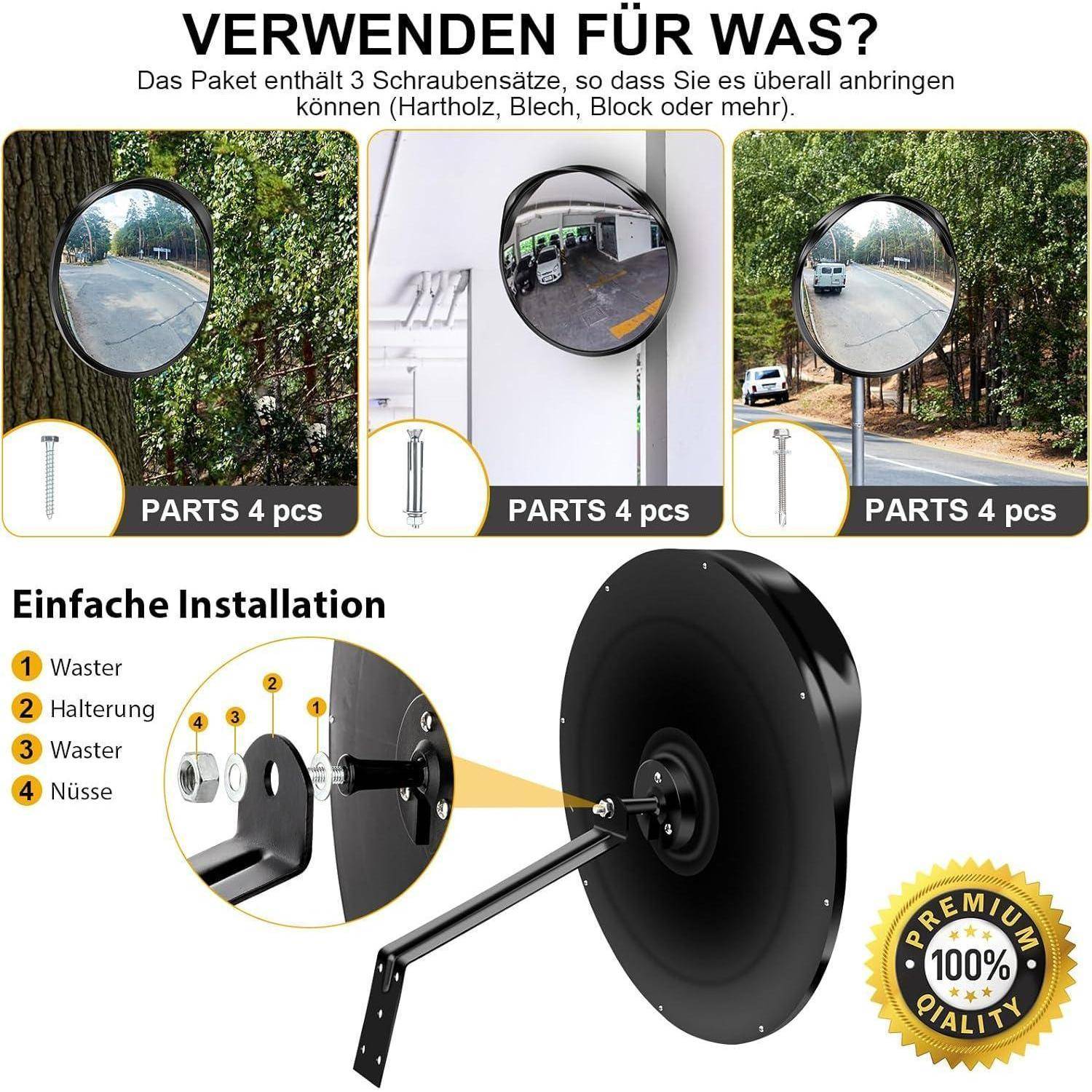 Das Bild zeigt drei Verkehrsspiegel mit der Beschriftung 
