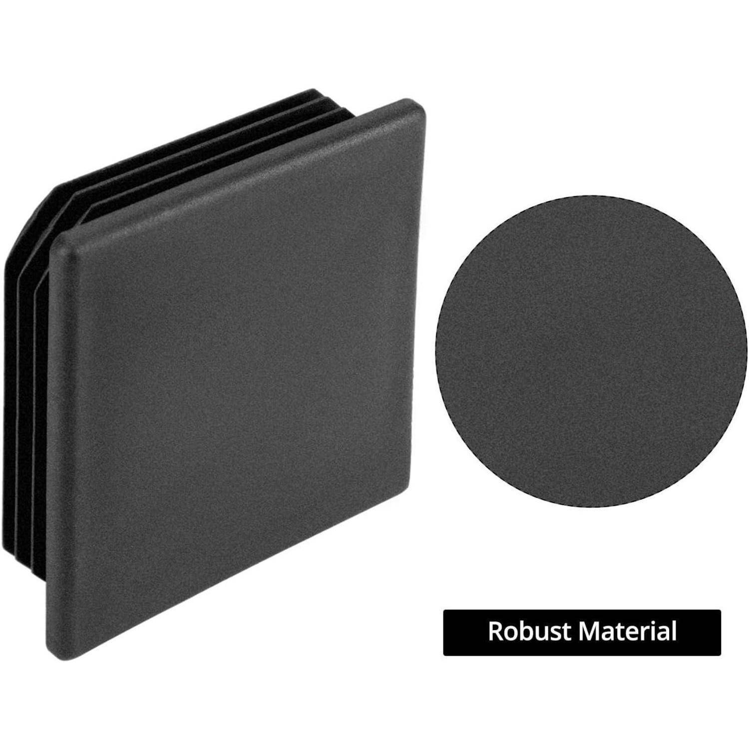 Quadratische Plastikkappe mit gerippten Seiten für Rohre; strapazierfähiges Material in kreisförmiger Nahansicht; Text: 'Robustes Material'.