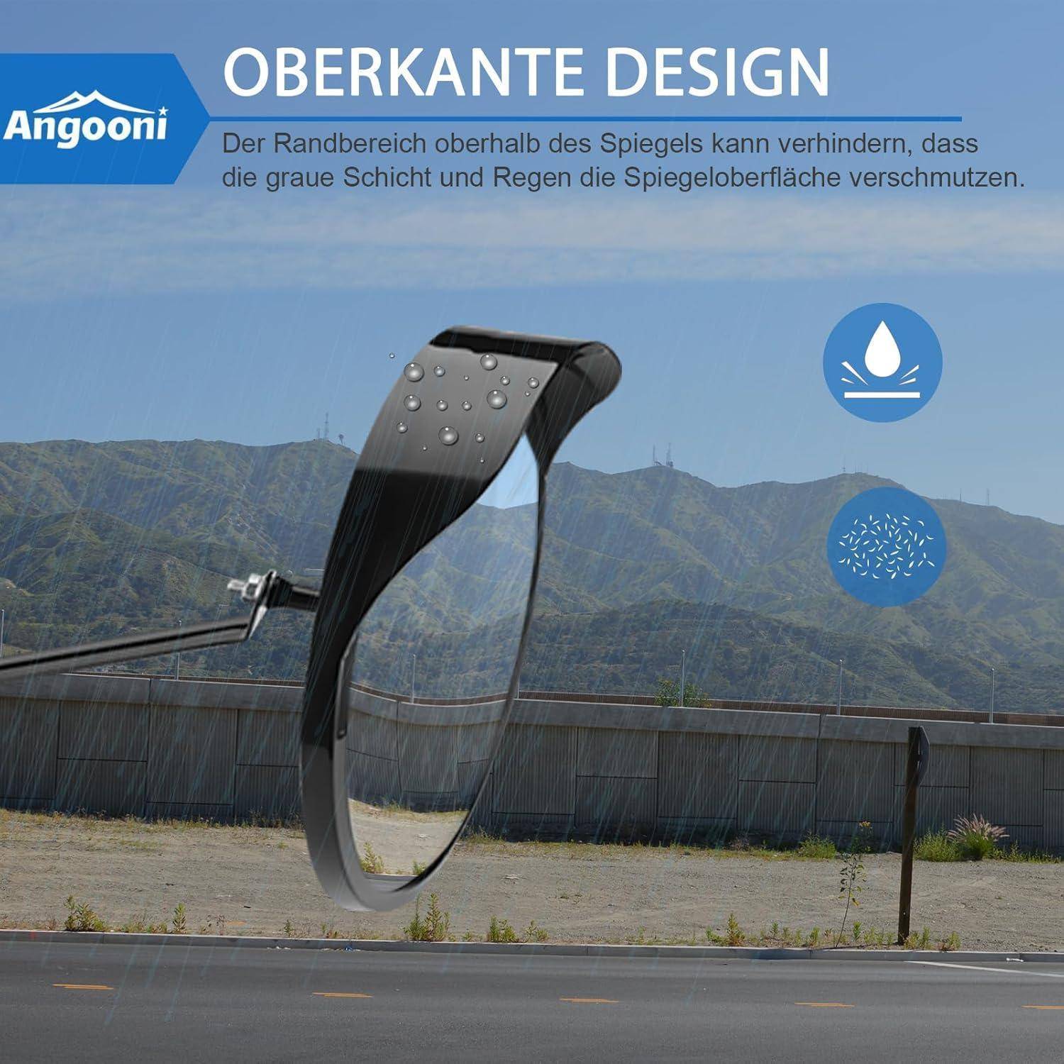 Angooni Oberkante Design Wischerblatt wischt Wasser effizient von der Windschutzscheibe; Berglandschaft im Hintergrund, deutscher Text, Wassertropfen-Symbole.