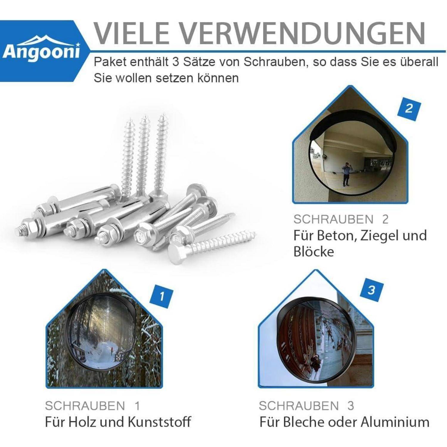 Angooni-Schrauben für vielseitigen Einsatz: Holz/Kunststoff, Beton/Ziegel, Metall/Aluminium. Packung enthält 3 Sets für universelle Anwendung.