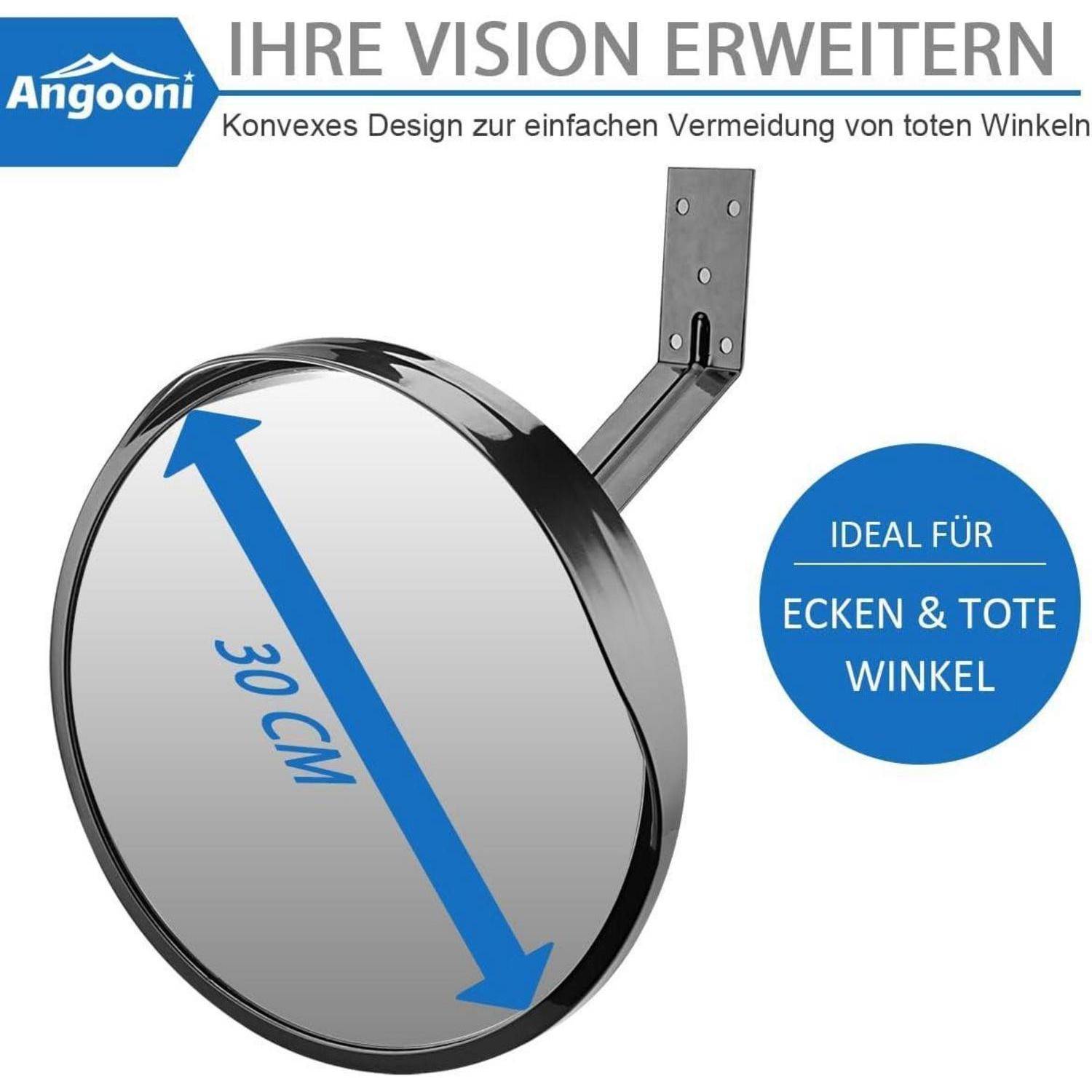 Konvexer Spiegel mit 30 cm Durchmesser zur Vermeidung toter Winkel. An der Wand montiert, ideal für Ecken und blinde Bereiche.