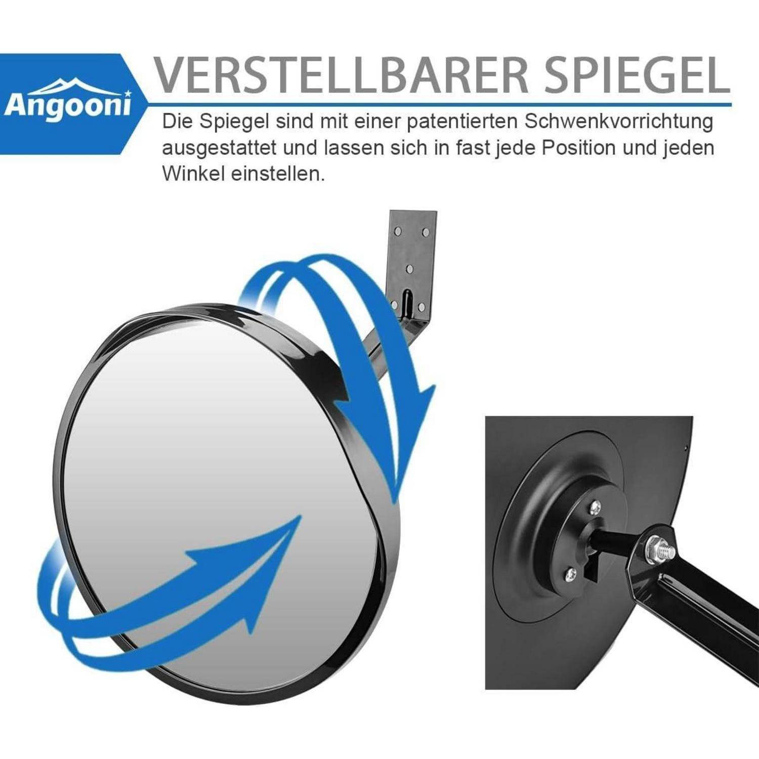 Verstellbarer Spiegel mit 'Angooni' Logo, patentierter Schwenkmechanismus ermöglicht das Positionieren des Spiegels in nahezu jedem Winkel; wandmontiert.