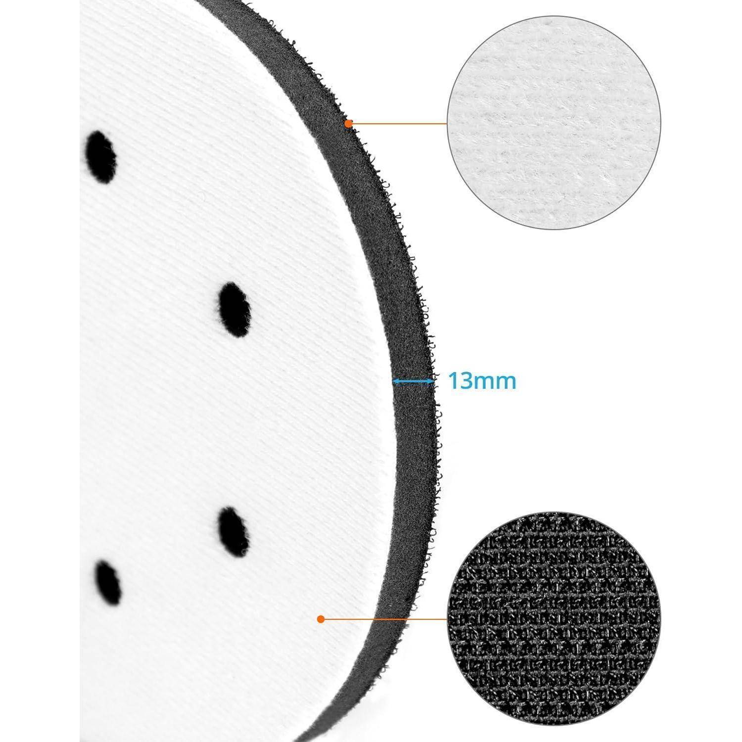 Eine Nahaufnahme eines kreisförmigen Schaumpolsters mit schwarzen Perforationen und einer seitlichen Dicke von 13 mm. Zwei detaillierte Einblicke zeigen Strukturunterschiede.