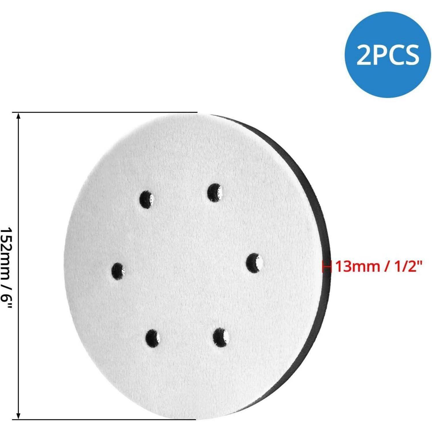 Ein weißes, rundes Polierpad mit sechs Löchern, 152 mm im Durchmesser und 13 mm dick, mit der Beschriftung '2PCS' in der oberen rechten Ecke.