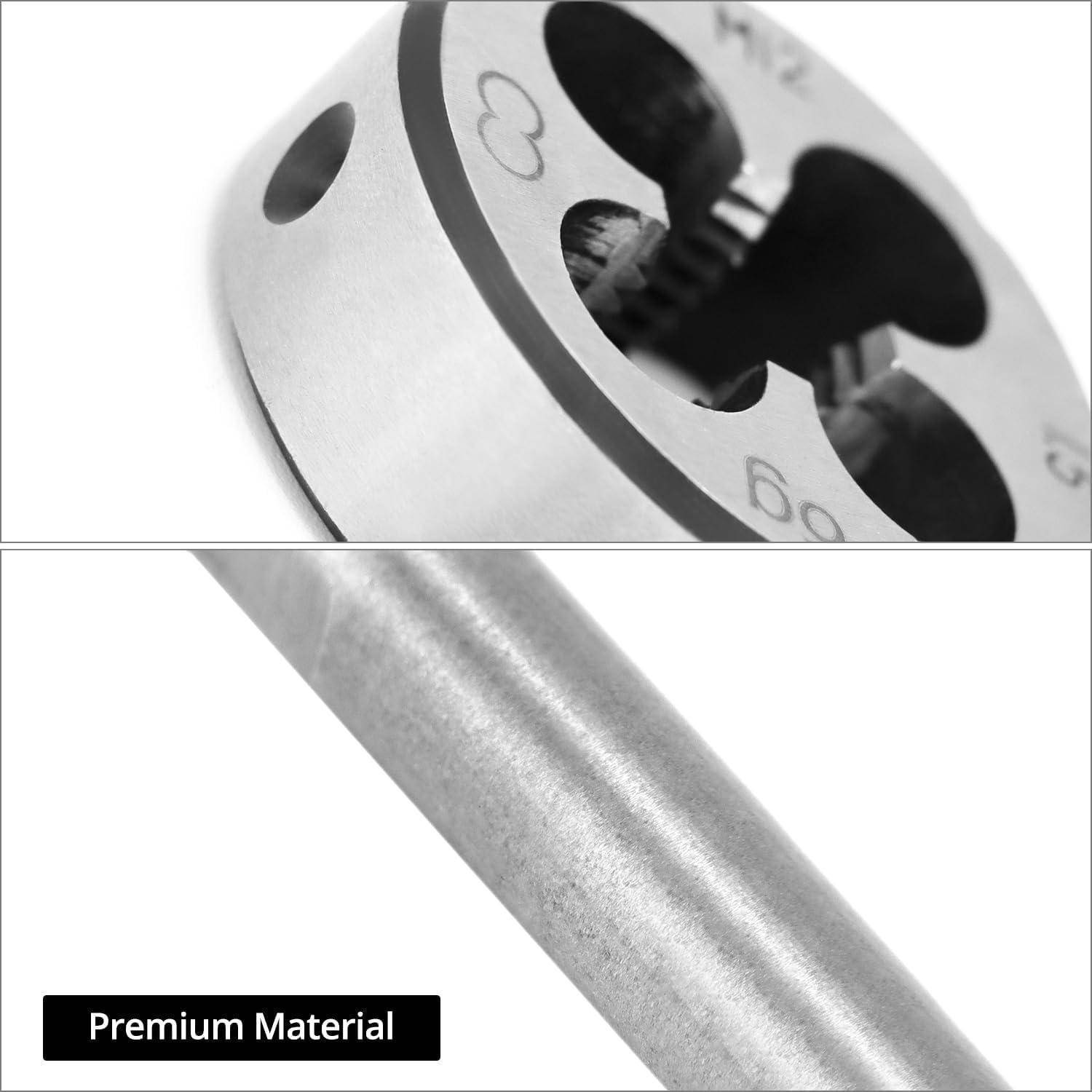 Nahaufnahme eines Gewindeschneidwerkzeugs und einer Gewindestange, die hochwertiges Material hervorhebt. Der Text ‚Premium Material' ist im Bild vermerkt.
