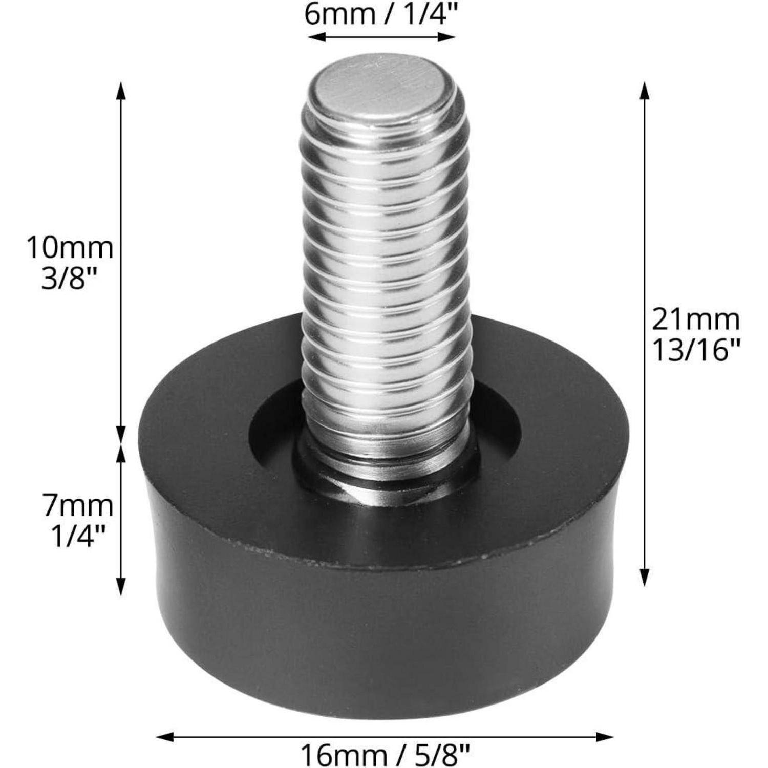 Eine Metallschraube mit einer schwarzen kreisförmigen Basis wird gezeigt, mit Abmessungen: Schraubendurchmesser 6 mm (1/4