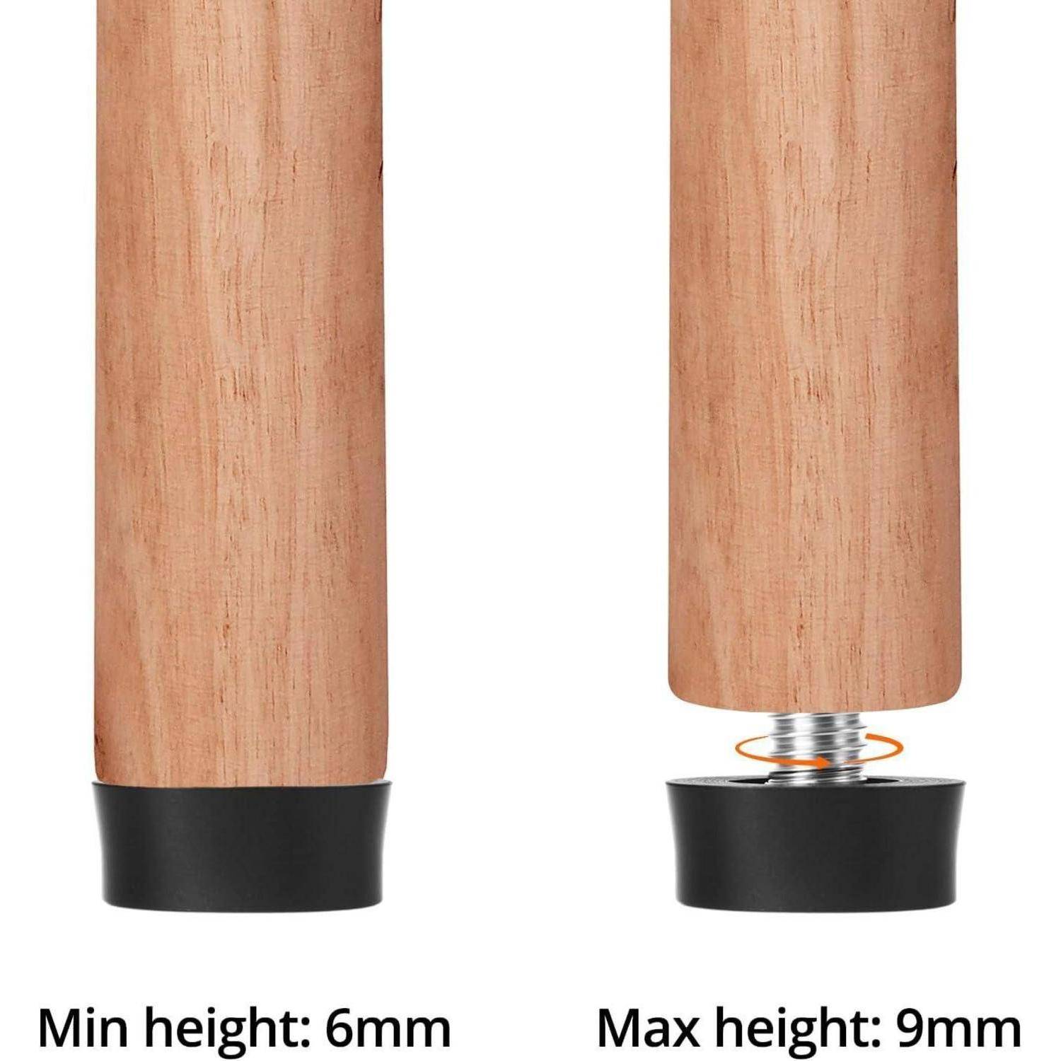 Höhenverstellbare Möbelbeine aus Holz, die links eine Mindesthöhe von 6 mm und rechts eine Maximalhöhe von 9 mm zeigen.