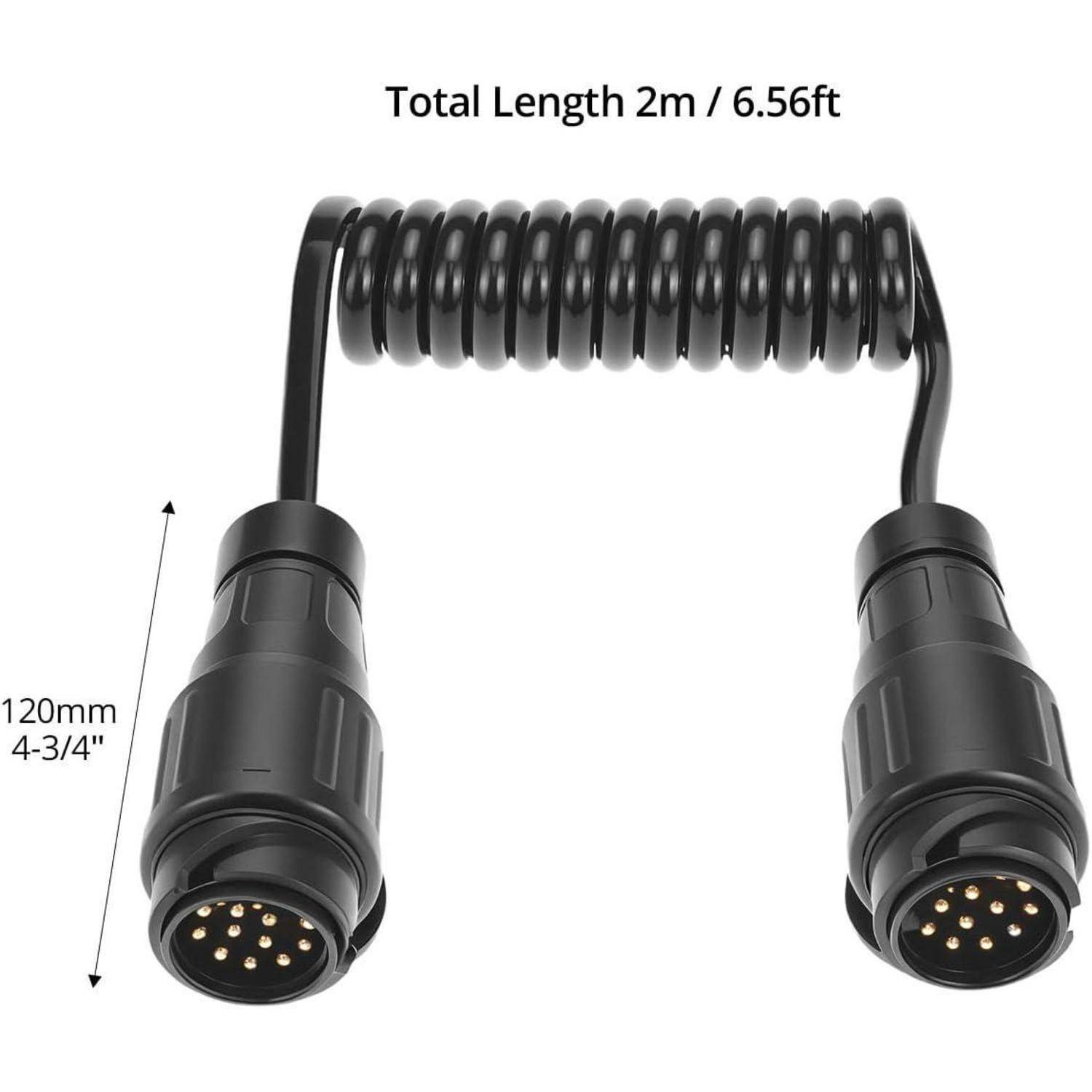 Schwarzes, gewickeltes Kabel mit zwei 7-poligen Steckern an beiden Enden. Gesamtlänge beträgt 2 Meter (6,56 Fuß), mit einer 120 mm (4-3/4 Zoll) Verlängerung.