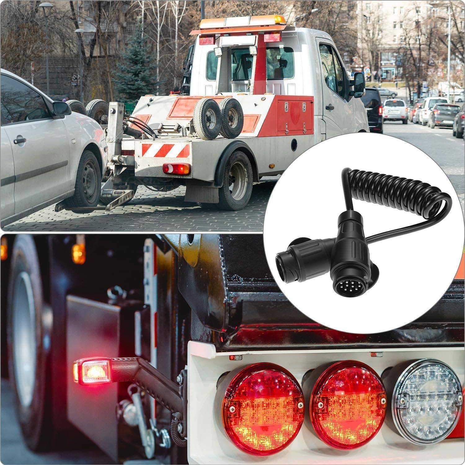 Ein Abschleppwagen schleppt ein Auto ab, mit einer Nahaufnahme der Rücklichter und Abschleppausrüstung. Eine Einblendung zeigt einen aufgerollten Kabelanschluss.