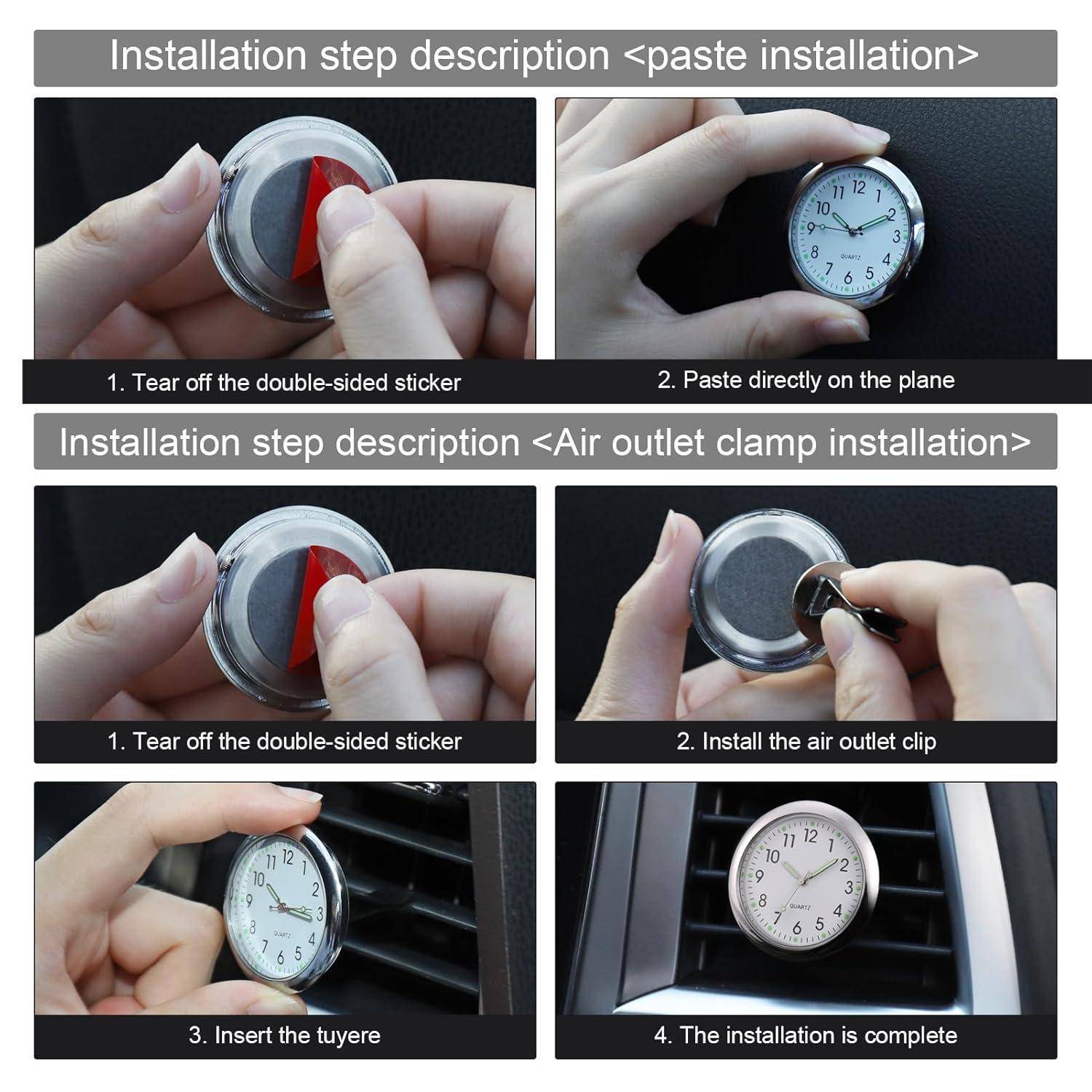 Installationsschritt Beschreibung ' zeigt eine runde Uhr, die mit einem doppelseitigen Aufkleber auf einer flachen Oberfläche befestigt wird. 'Installationsschritt Beschreibung ' stellt die Uhr dar, die mit einer Luftauslass-Klammer befestigt und in eine Belüftungsöffnung eingesetzt wird. Das abschließende Bild zeigt die Uhr an ihrem Platz.